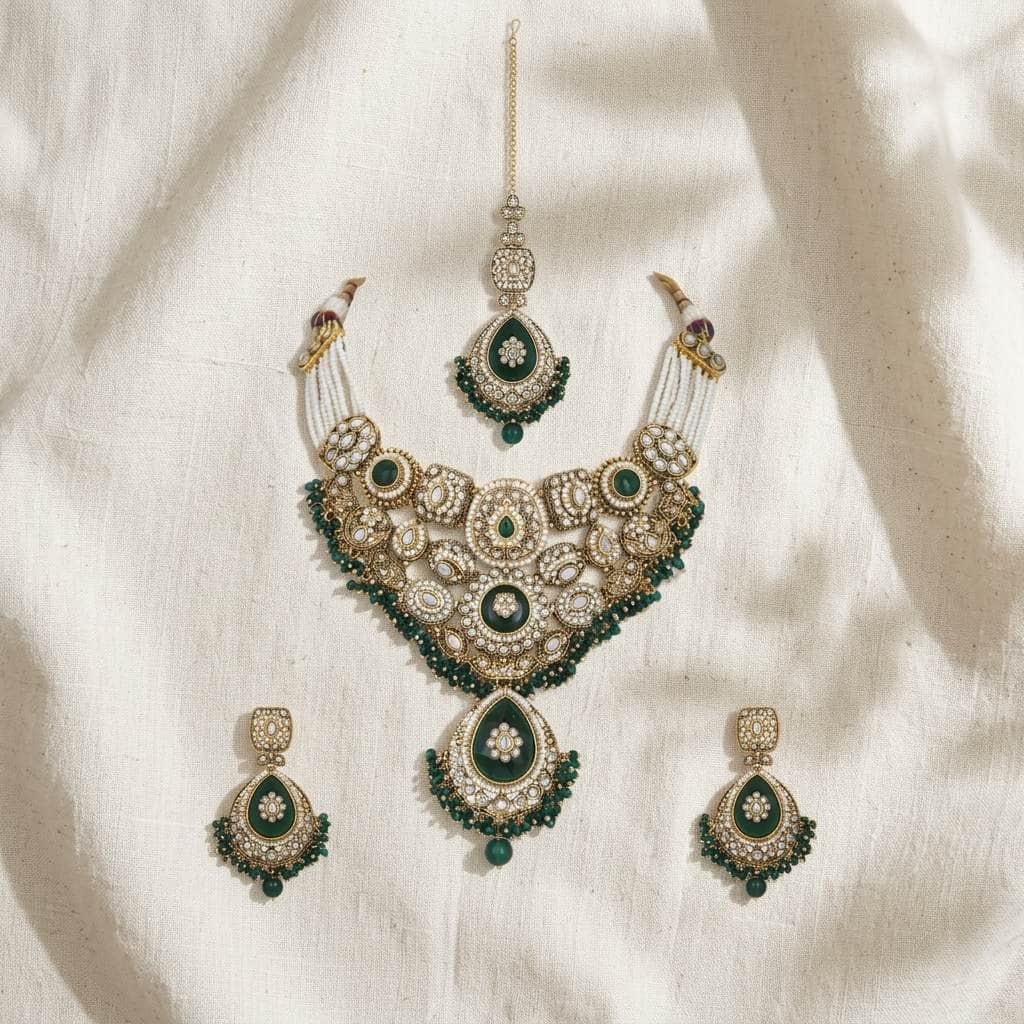 Mataari Necklaces Emerald Antique Gold Polki Kundan Beaded Pearl Bridal Necklace with Maang Tikka