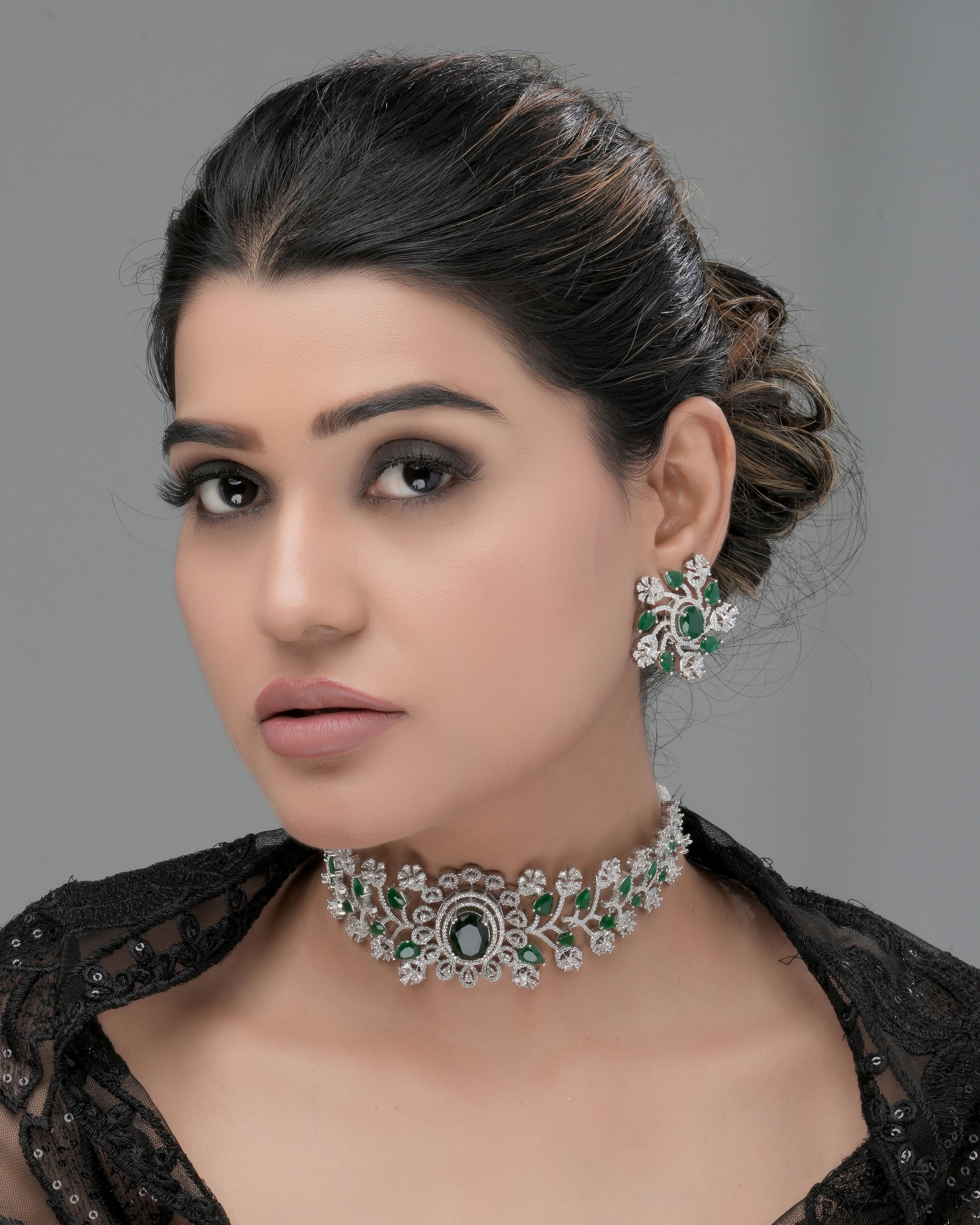 Mataari Necklaces Emerald Bloom Designer Choker set | CZ | Indian Jewelry | Mataari