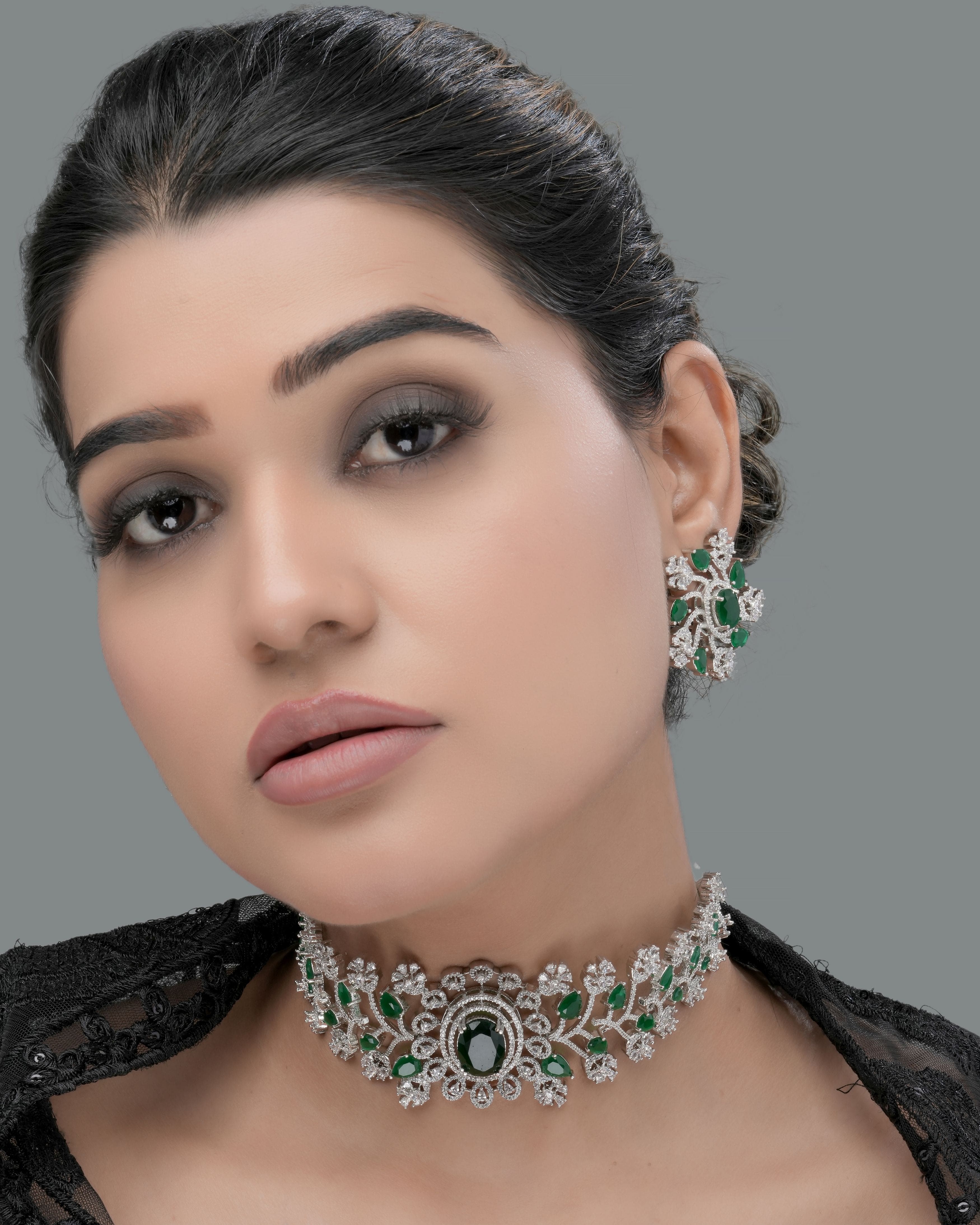 Mataari Necklaces Emerald Bloom Designer Choker set | CZ | Indian Jewelry | Mataari