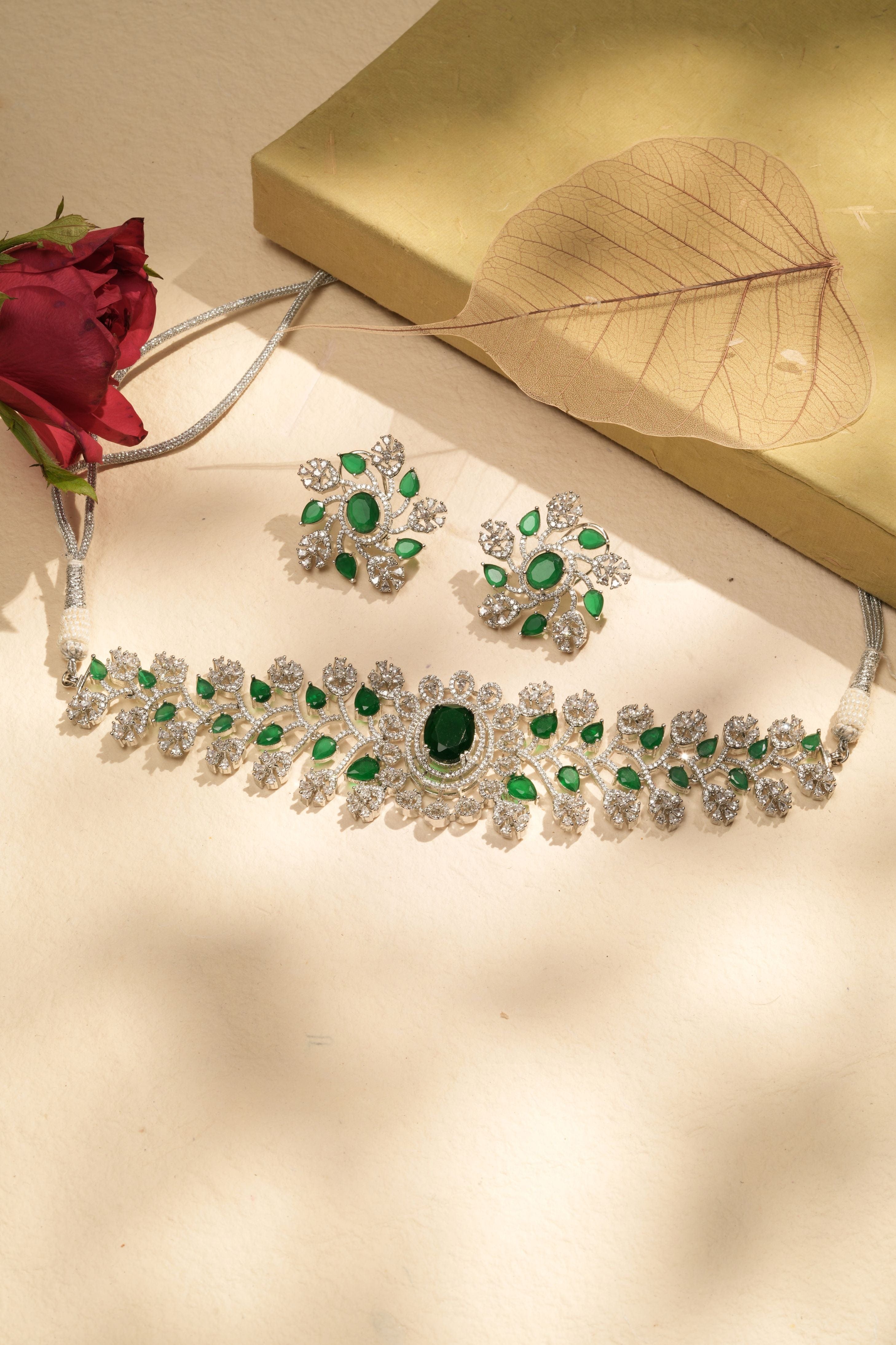 Mataari Necklaces Emerald Bloom Designer Choker set | CZ | Indian Jewelry | Mataari