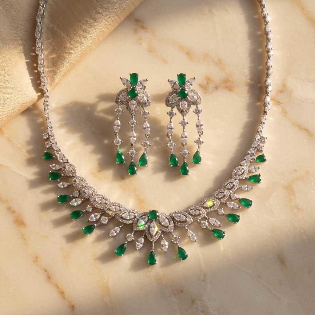 Mataari Necklaces Bridal Silver Plated Crystal Moissanite Wedding Necklace For Women with Emerald, Ruby & Blue Sapphire Accents
