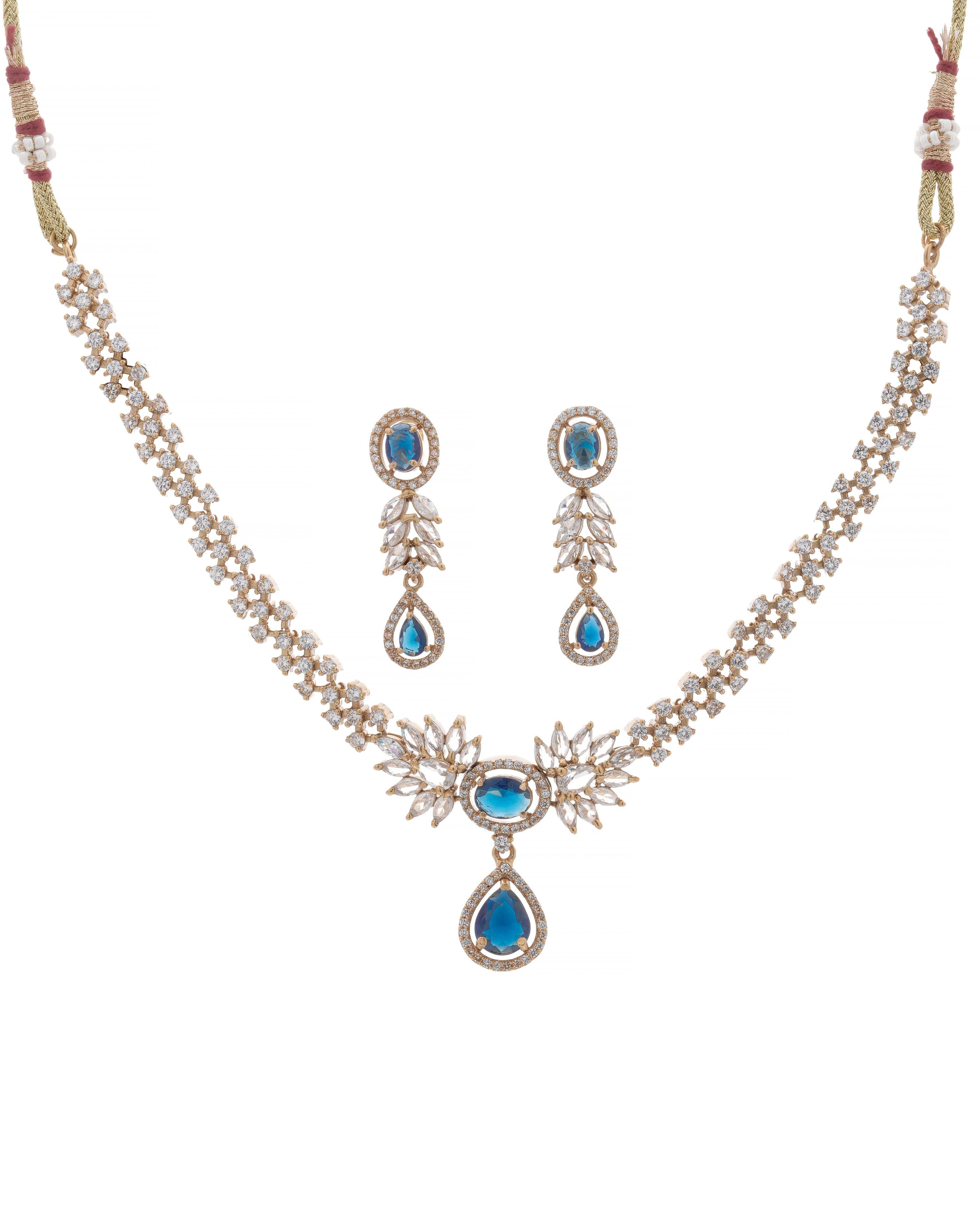 Mataari Necklaces Emerald Dew Adjustable CZ Necklace & Earrings Set | Multi-Color: Green, Red, Pink & Blue | 22K Gold Tone | Indian Bridal Jewelry