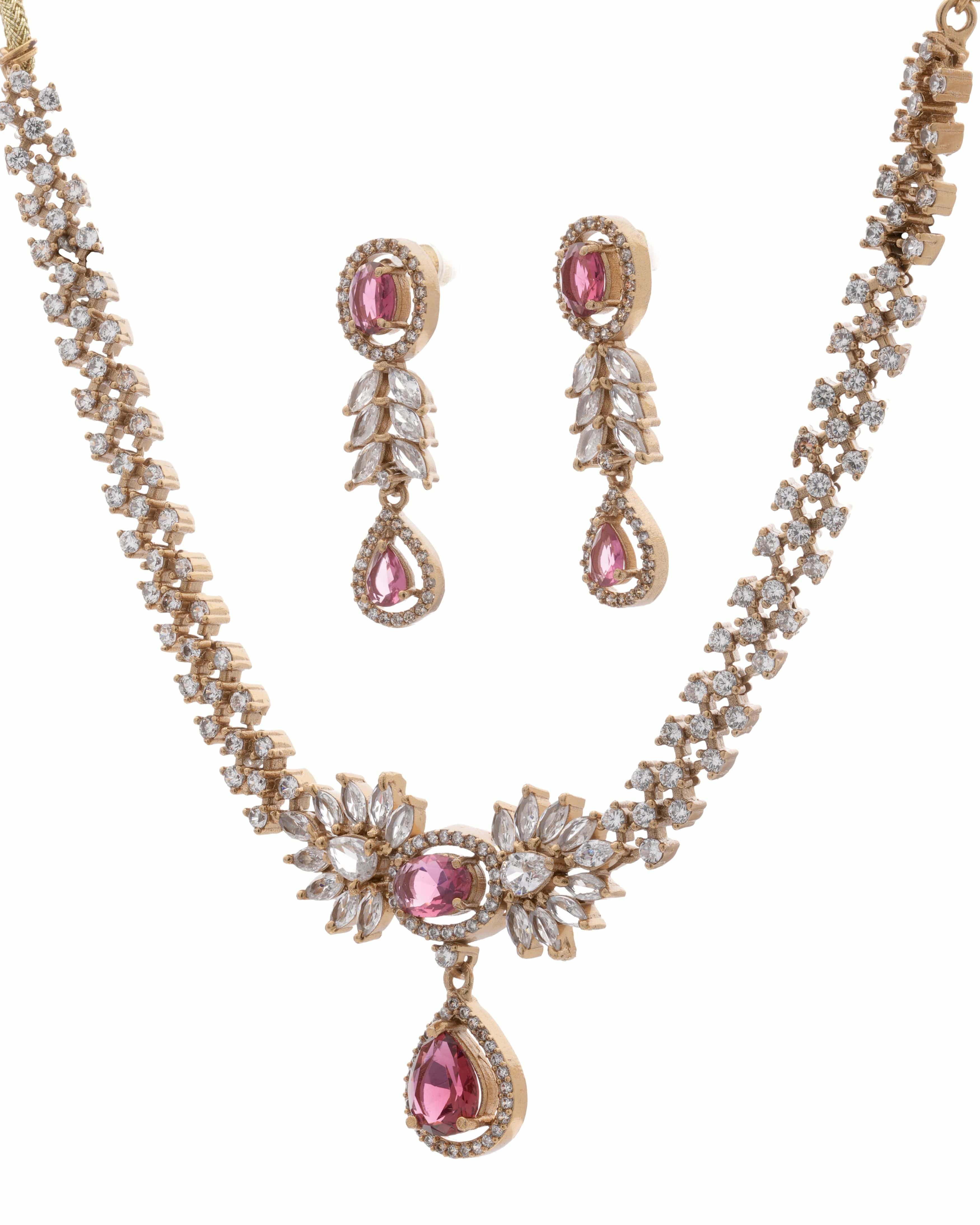 Mataari Necklaces Emerald Dew Adjustable CZ Necklace & Earrings Set | Multi-Color: Green, Red, Pink & Blue | 22K Gold Tone | Indian Bridal Jewelry