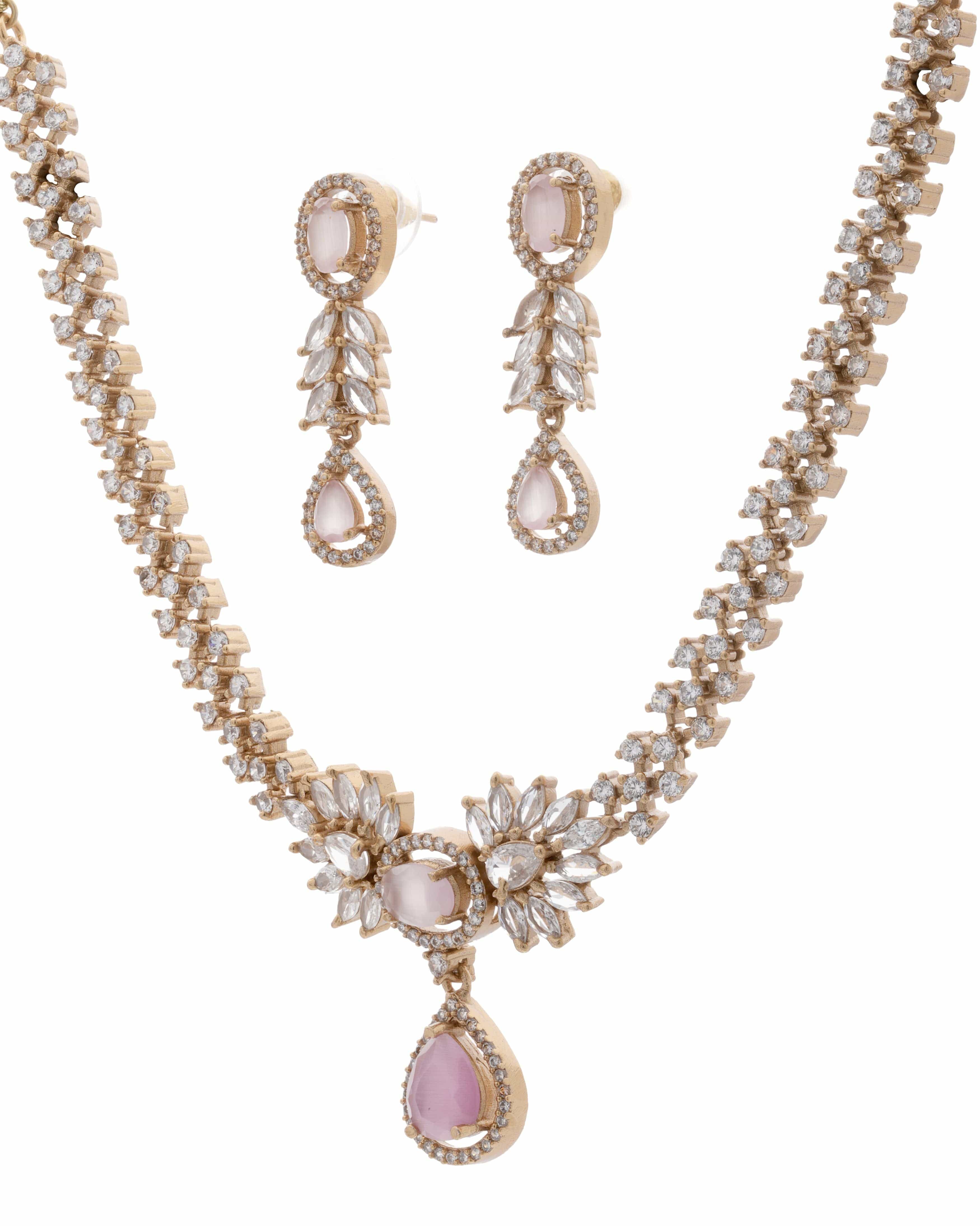 Mataari Necklaces Emerald Dew Adjustable CZ Necklace & Earrings Set | Multi-Color: Green, Red, Pink & Blue | 22K Gold Tone | Indian Bridal Jewelry