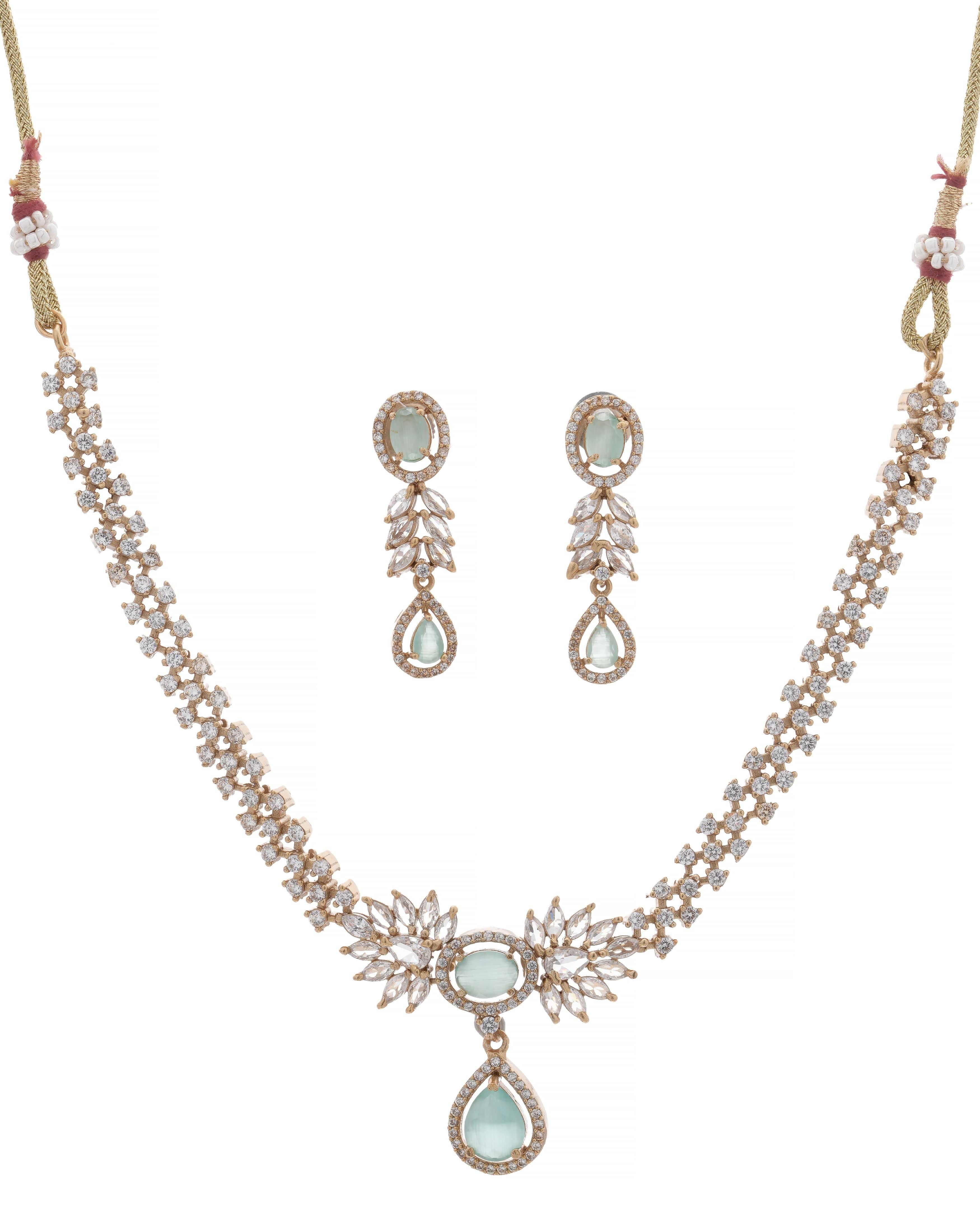 Mataari Necklaces Emerald Dew Adjustable CZ Necklace & Earrings Set | Multi-Color: Green, Red, Pink & Blue | 22K Gold Tone | Indian Bridal Jewelry