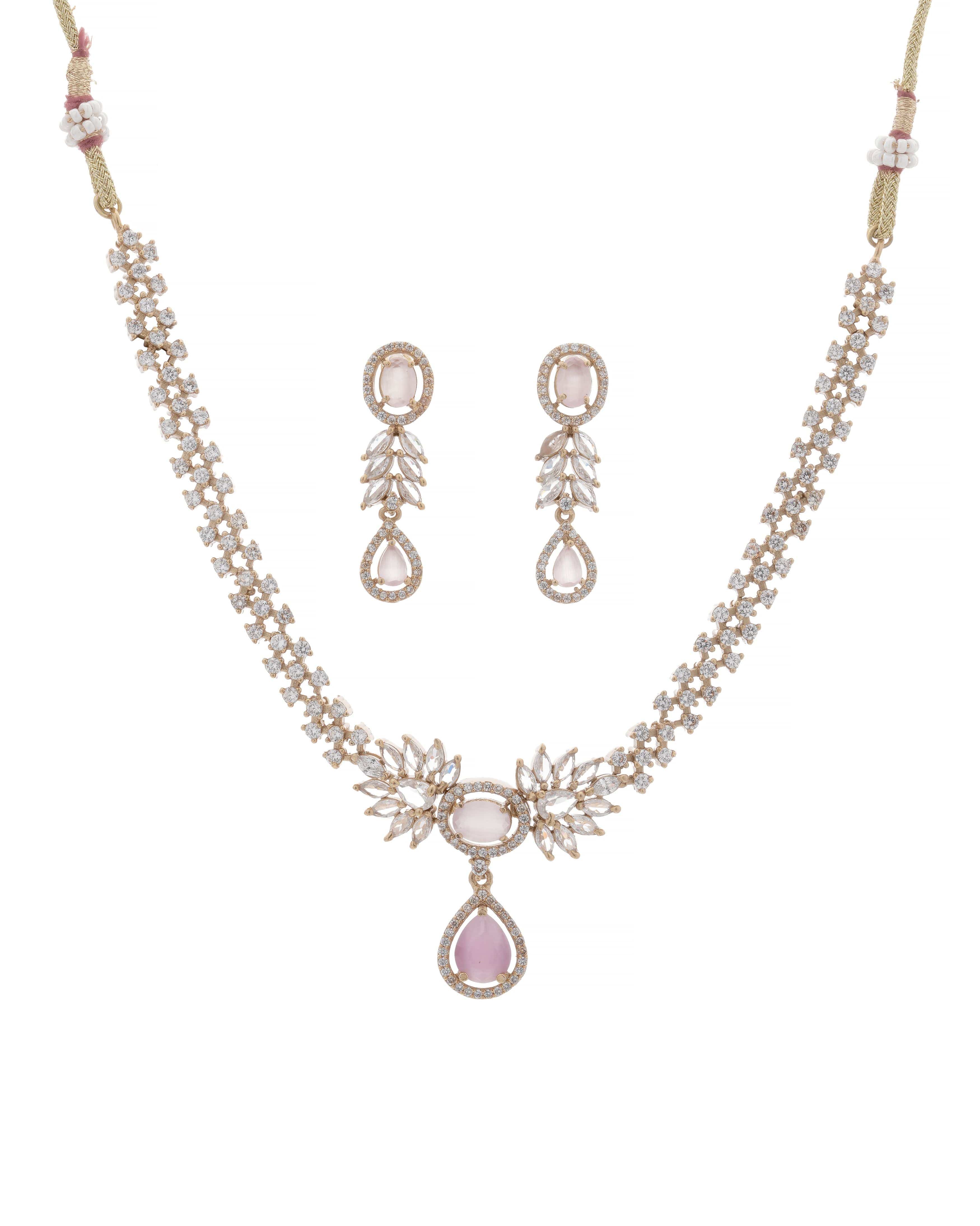 Mataari Necklaces Emerald Dew Adjustable CZ Necklace & Earrings Set | Multi-Color: Green, Red, Pink & Blue | 22K Gold Tone | Indian Bridal Jewelry