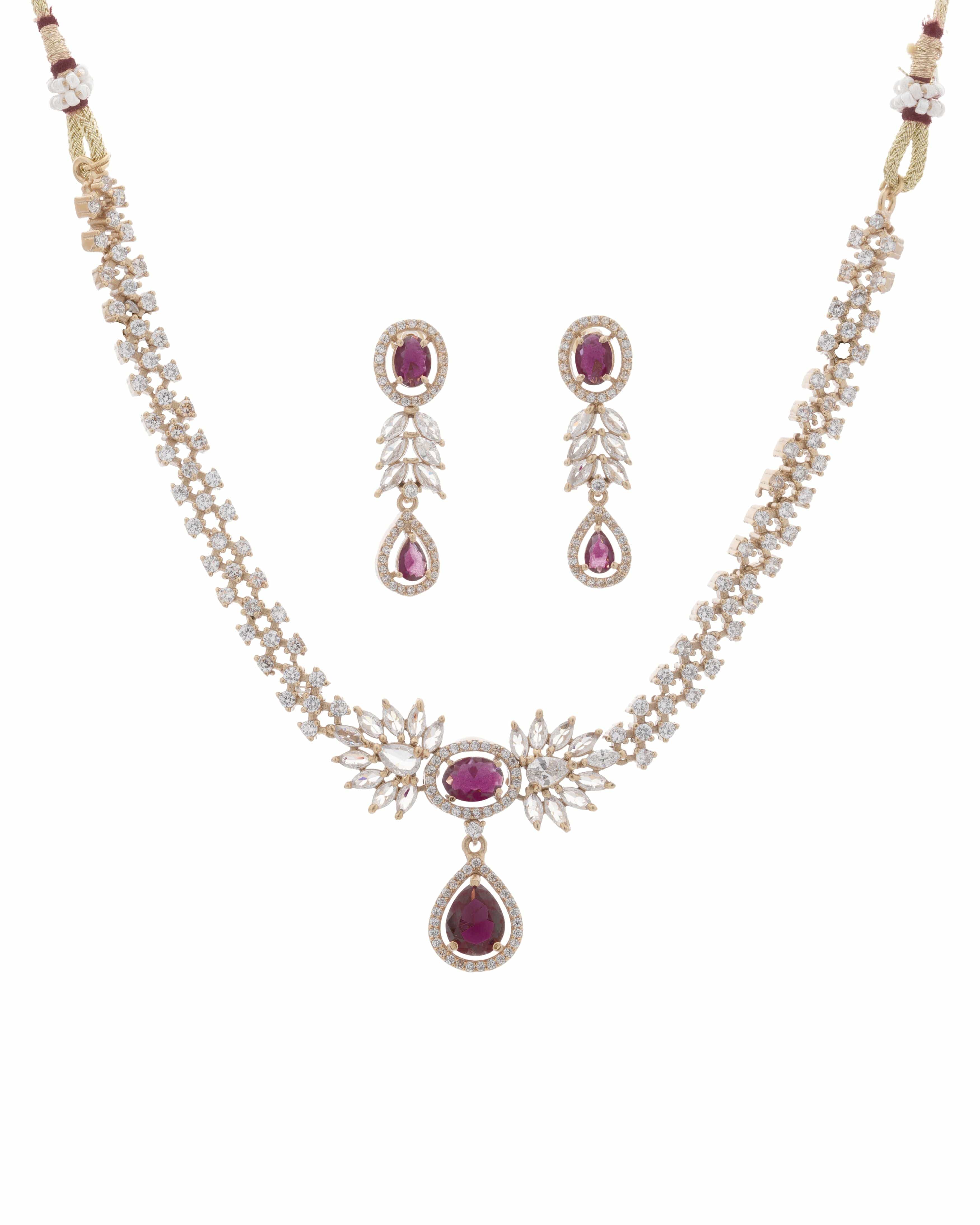 Mataari Necklaces Emerald Dew Adjustable CZ Necklace & Earrings Set | Multi-Color: Green, Red, Pink & Blue | 22K Gold Tone | Indian Bridal Jewelry