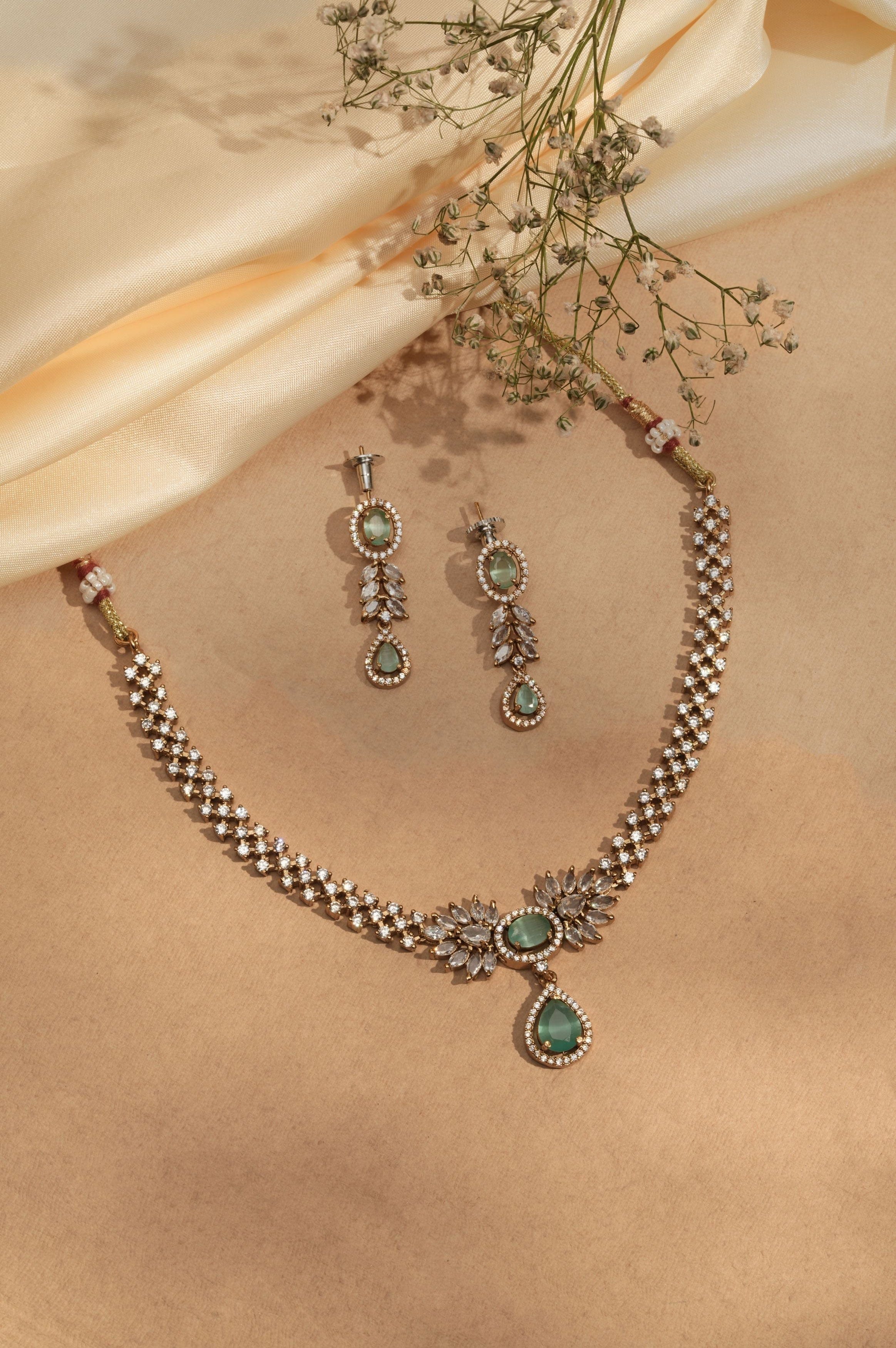 Mataari Necklaces Emerald Dew Adjustable CZ Necklace & Earrings Set | Multi-Color: Green, Red, Pink & Blue | 22K Gold Tone | Indian Bridal Jewelry