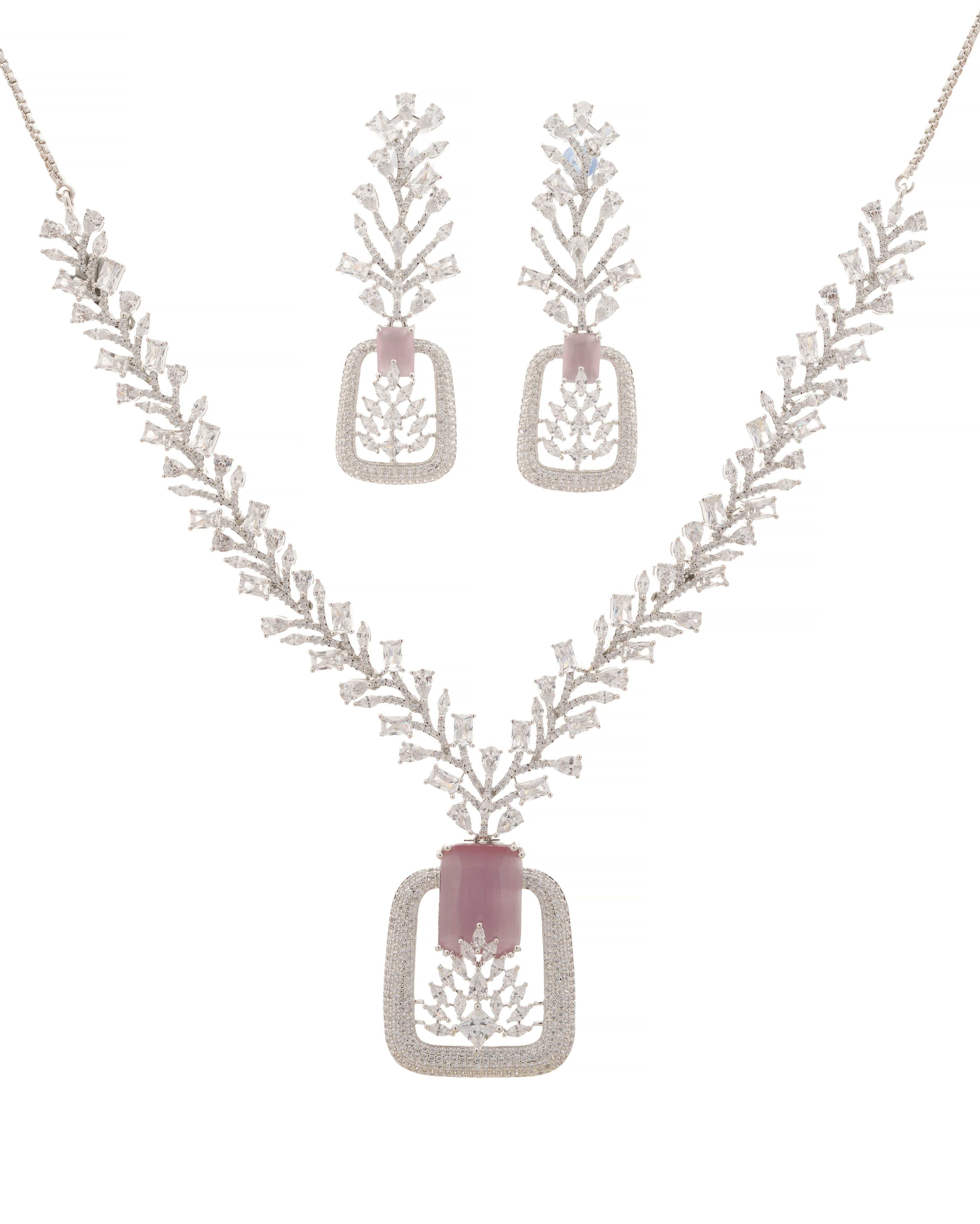 Mataari Necklaces Emerald Edge Crystal Necklace Set (Swarovski Elemens) | Rhodium | Indian Jewelry | Mataari