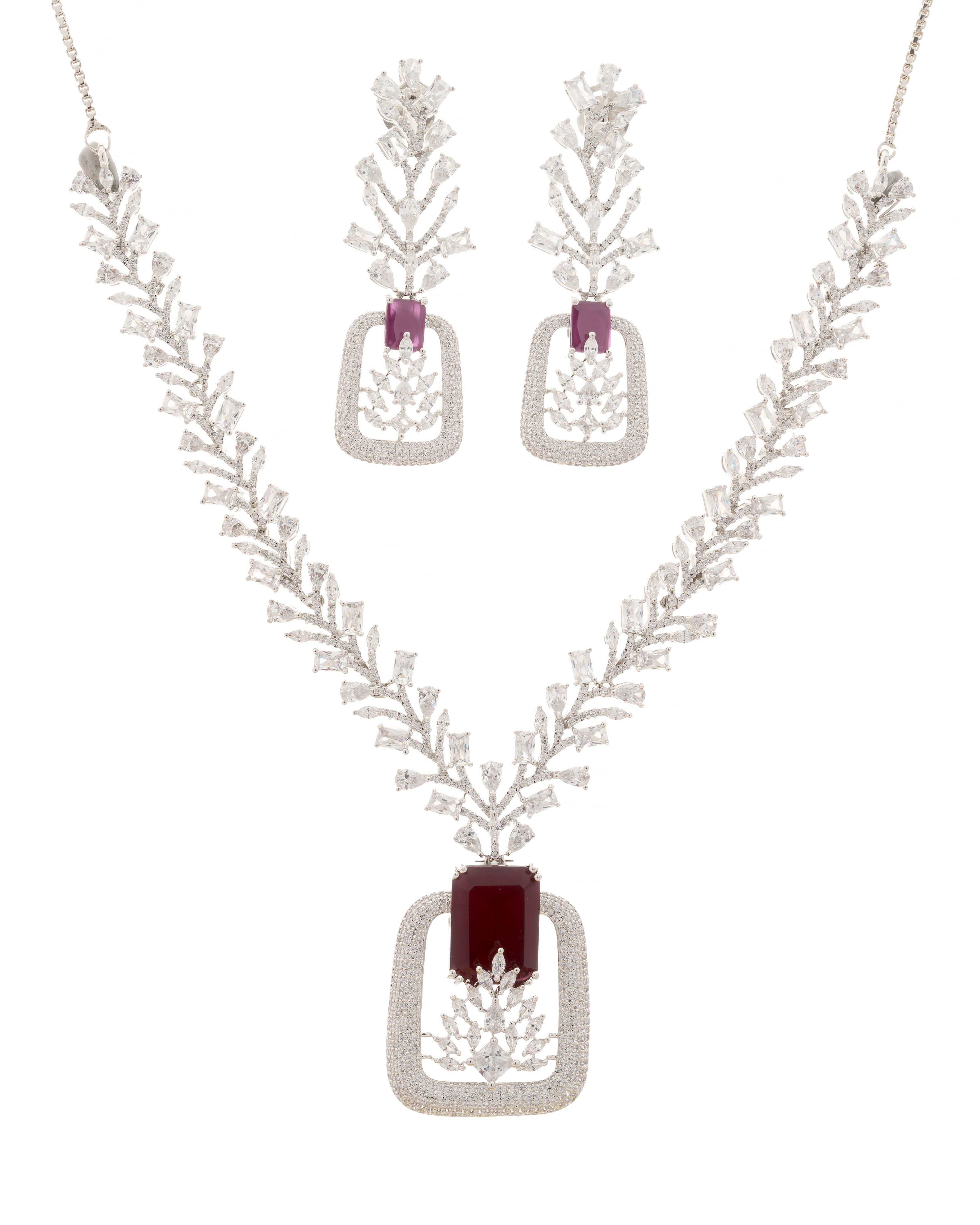 Mataari Necklaces Emerald Edge Crystal Necklace Set (Swarovski Elemens) | Rhodium | Indian Jewelry | Mataari