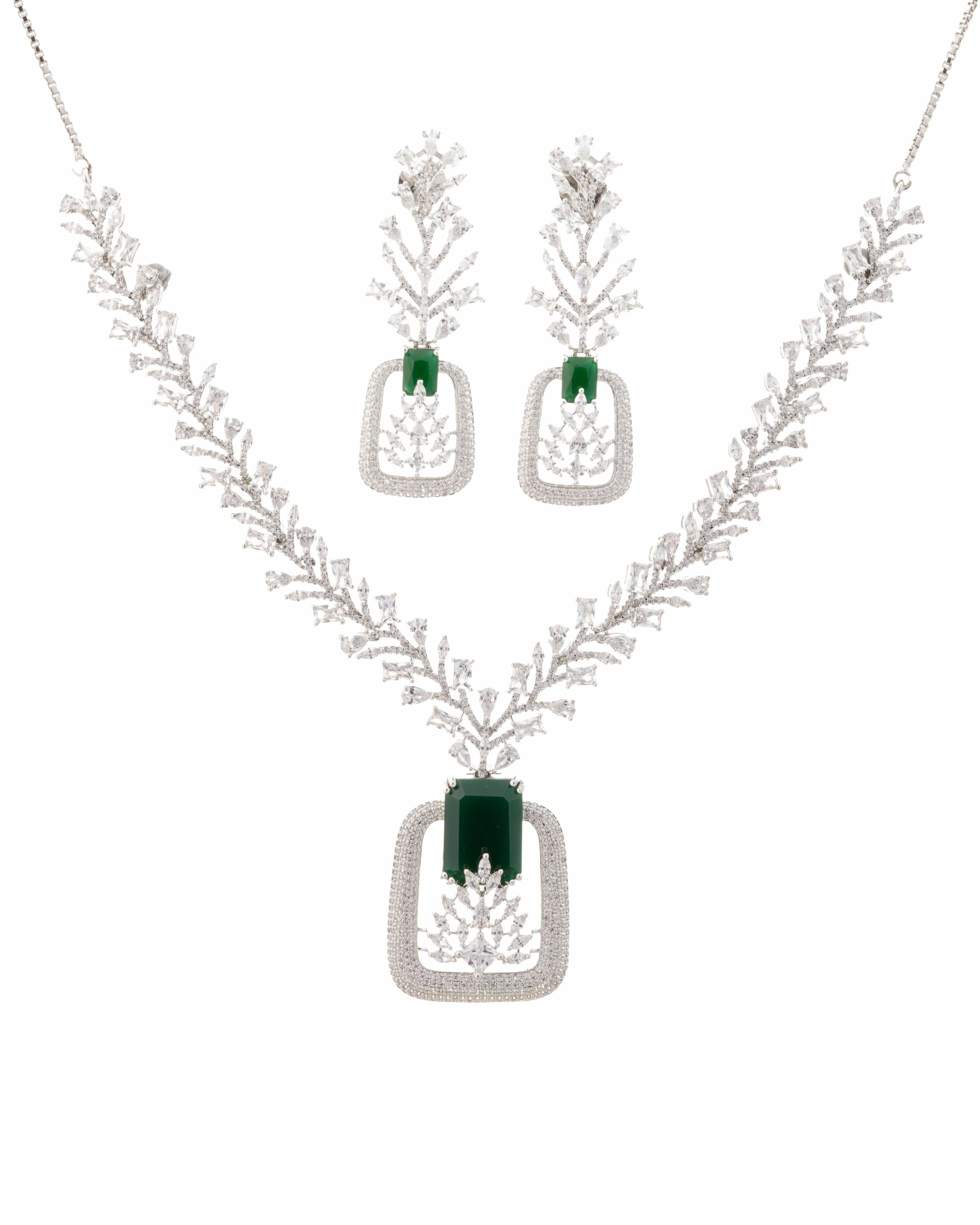 Mataari Necklaces Emerald Edge Crystal Necklace Set (Swarovski Elemens) | Rhodium | Indian Jewelry | Mataari