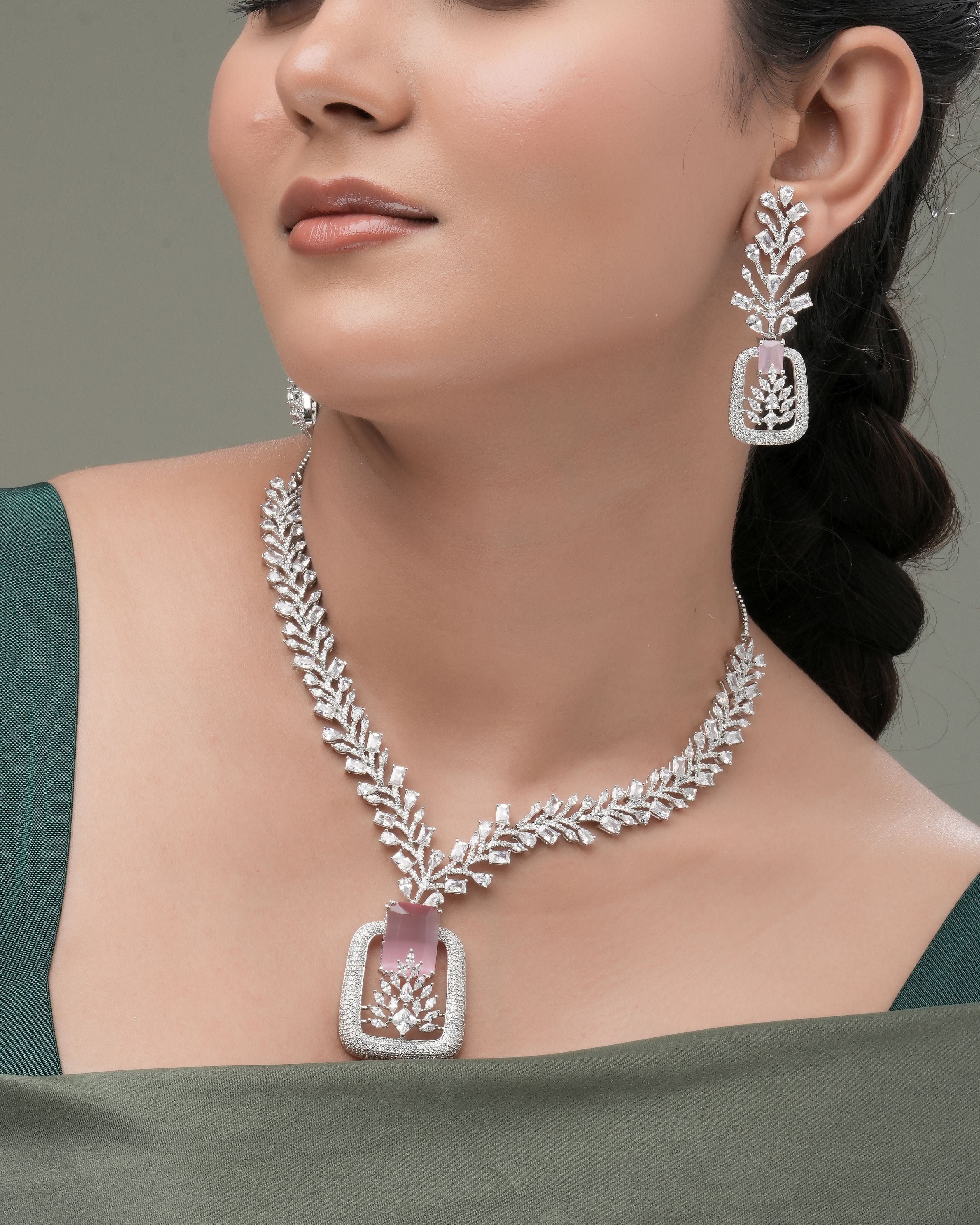 Mataari Necklaces Emerald Edge Crystal Necklace Set (Swarovski Elemens) | Rhodium | Indian Jewelry | Mataari