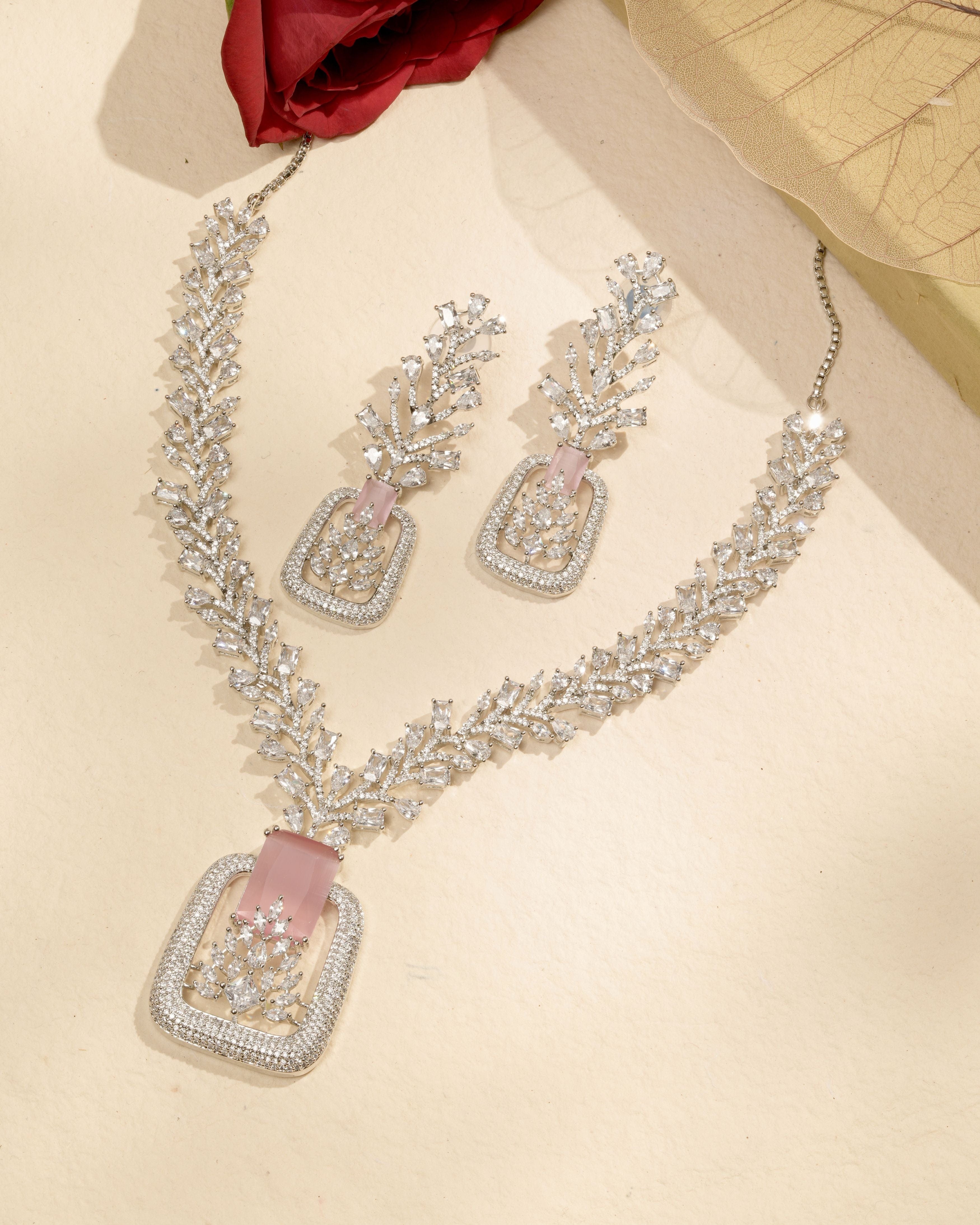 Mataari Necklaces Emerald Edge Crystal Necklace Set (Swarovski Elemens) | Rhodium | Indian Jewelry | Mataari