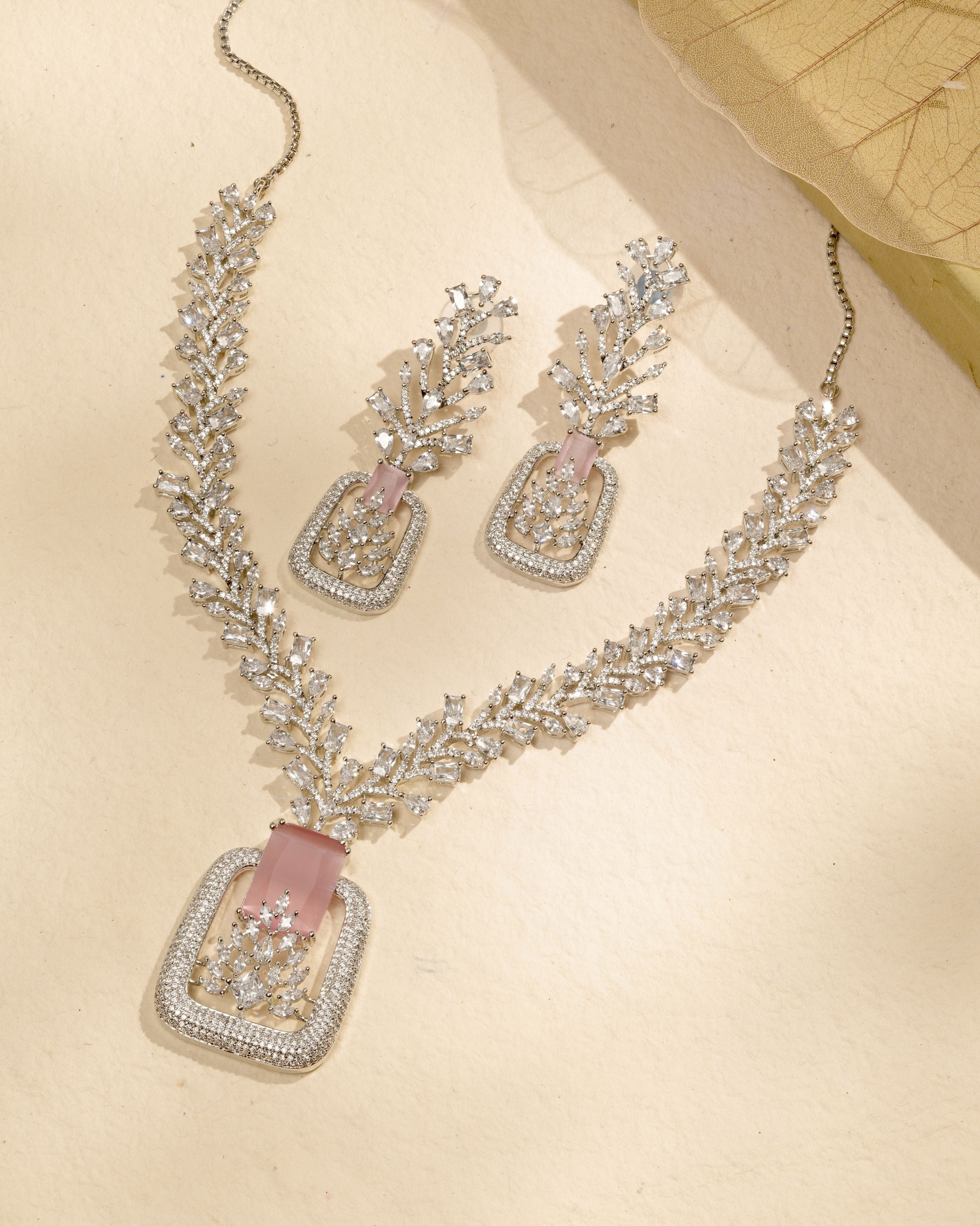 Mataari Necklaces Emerald Edge Crystal Necklace Set (Swarovski Elemens) | Rhodium | Indian Jewelry | Mataari