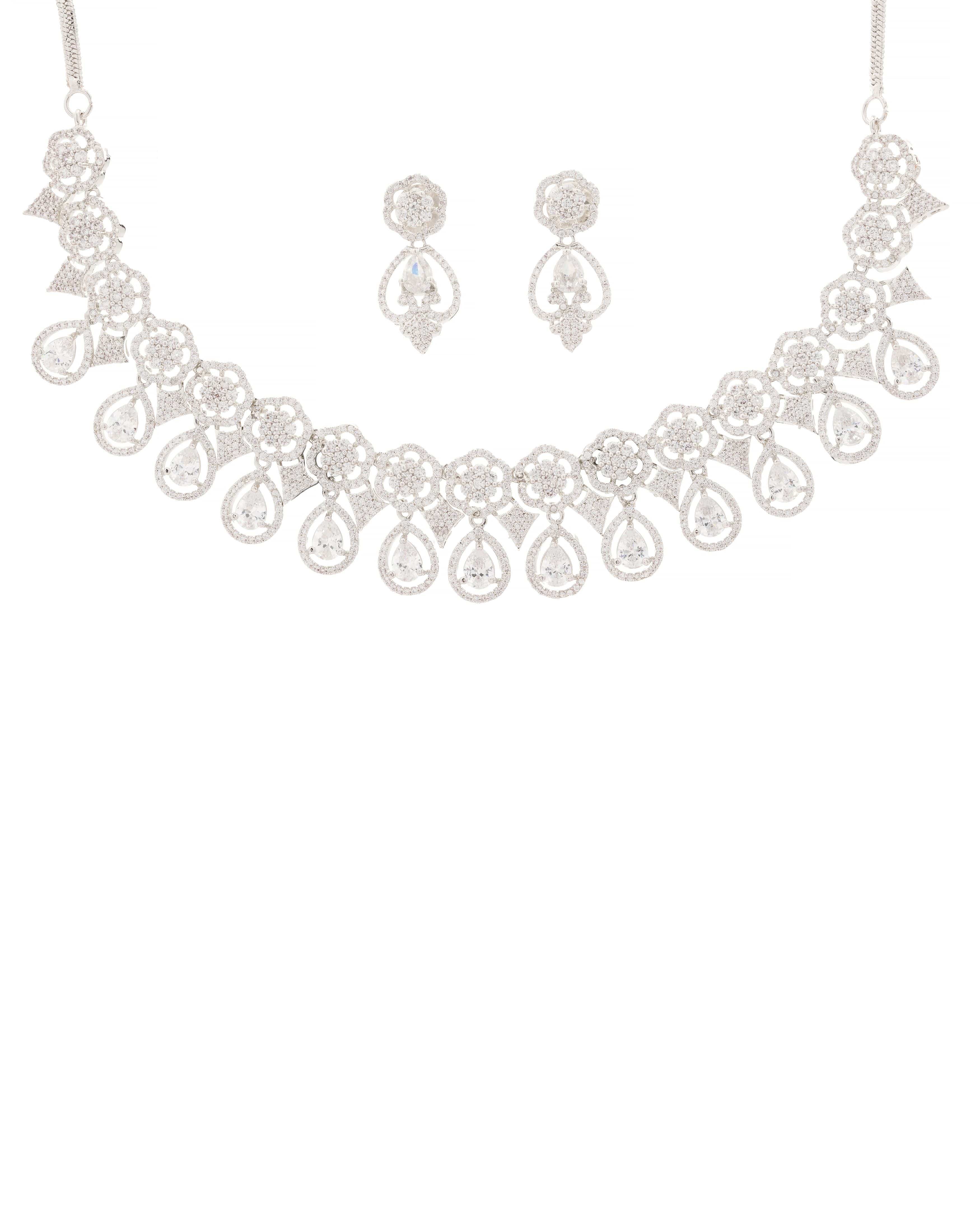 Mataari Necklaces Emerald Envy American Diamond Choker & Earring | Rhodium | Indian Jewelry | Mataari