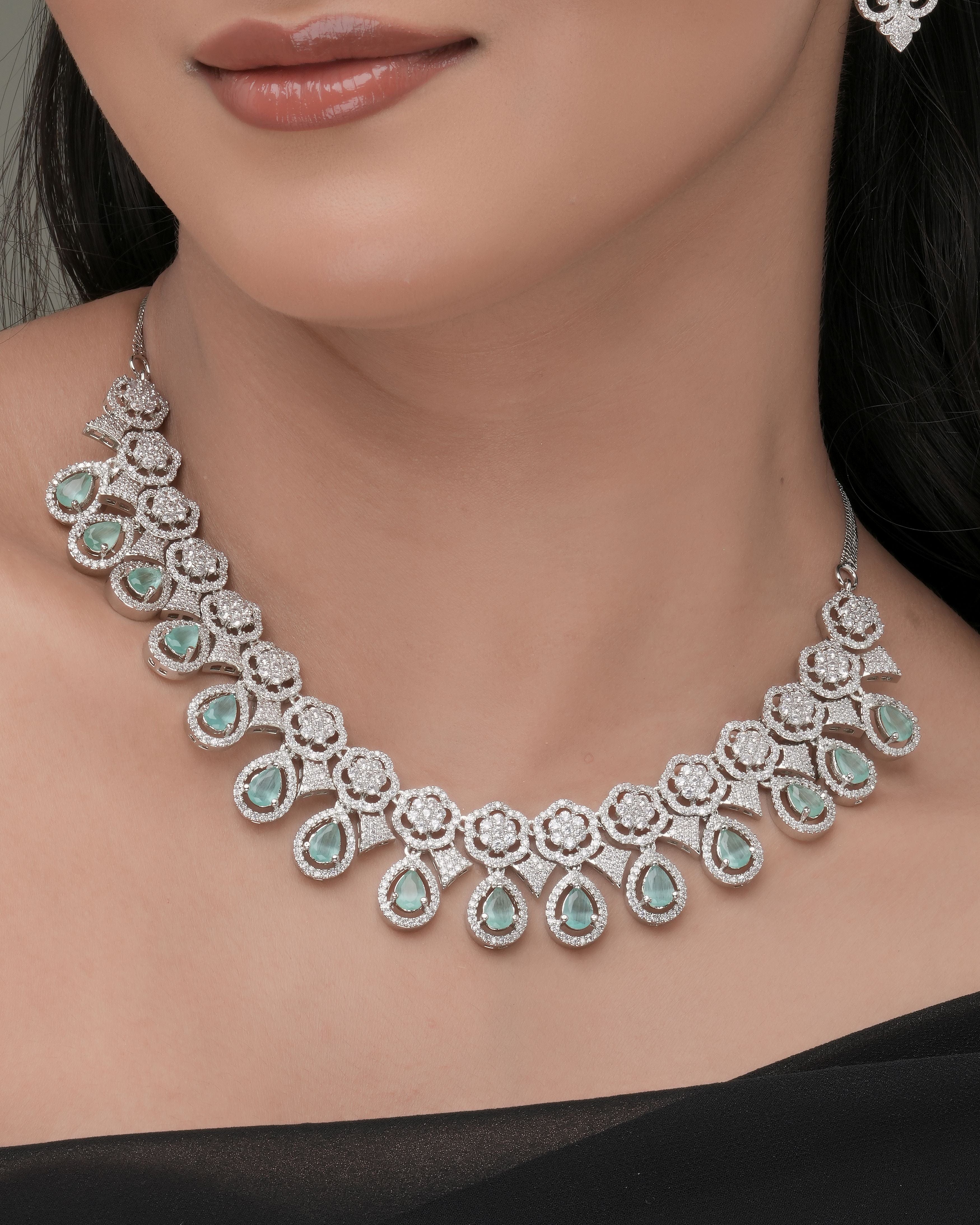 Mataari Necklaces Emerald Envy American Diamond Choker & Earring | Rhodium | Indian Jewelry | Mataari