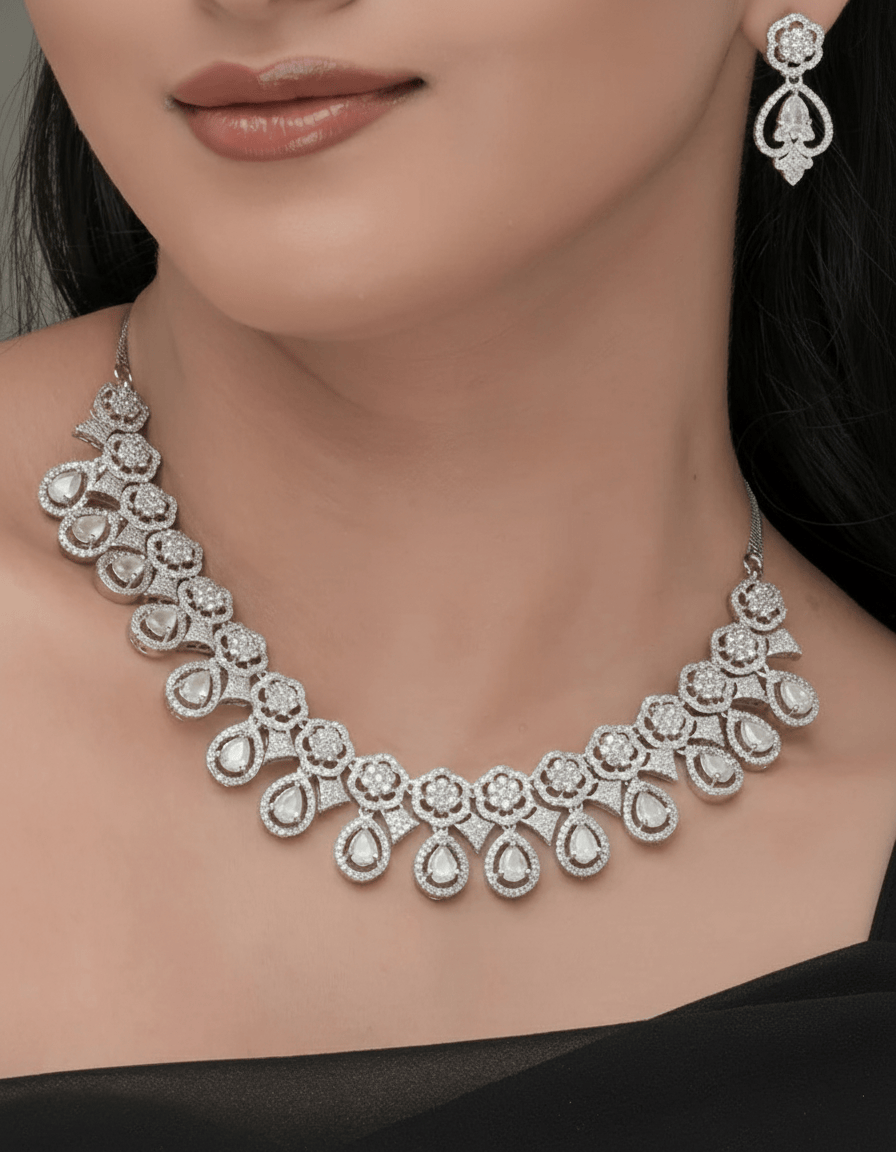 Mataari Necklaces Emerald Envy American Diamond Choker & Earring | Rhodium | Indian Jewelry | Mataari