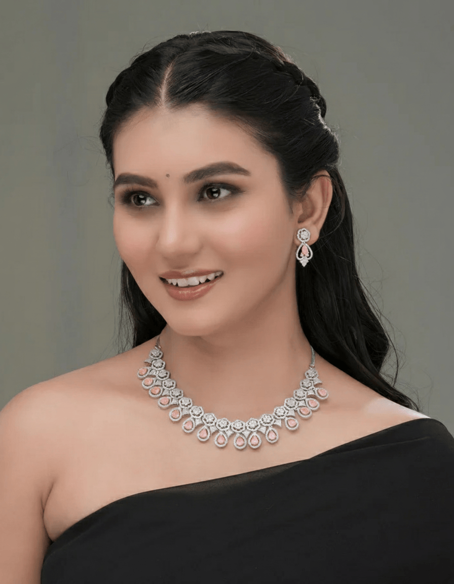 Mataari Necklaces Emerald Envy American Diamond Choker & Earring | Rhodium | Indian Jewelry | Mataari