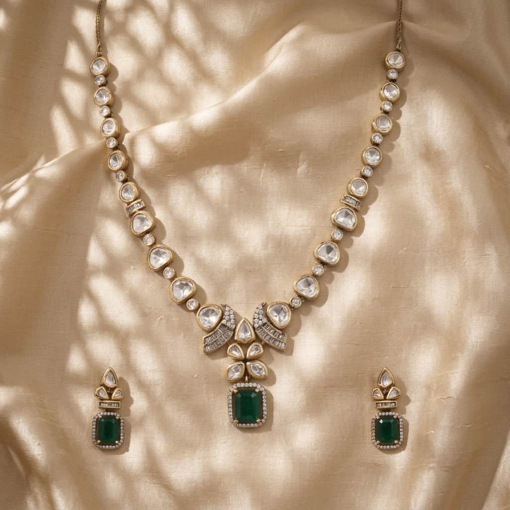 Mataari Necklaces Floral Bridal Kundan Polki Baguette Moissanite Necklace with Ruby & Emerald