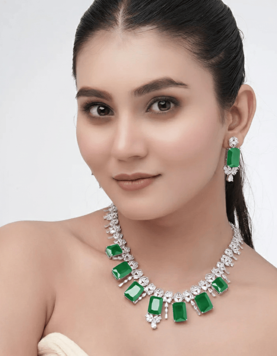 Mataari Necklaces Blossom CZ Necklace & Earring Set | Rhodium | Indian Jewelry | Mataari
