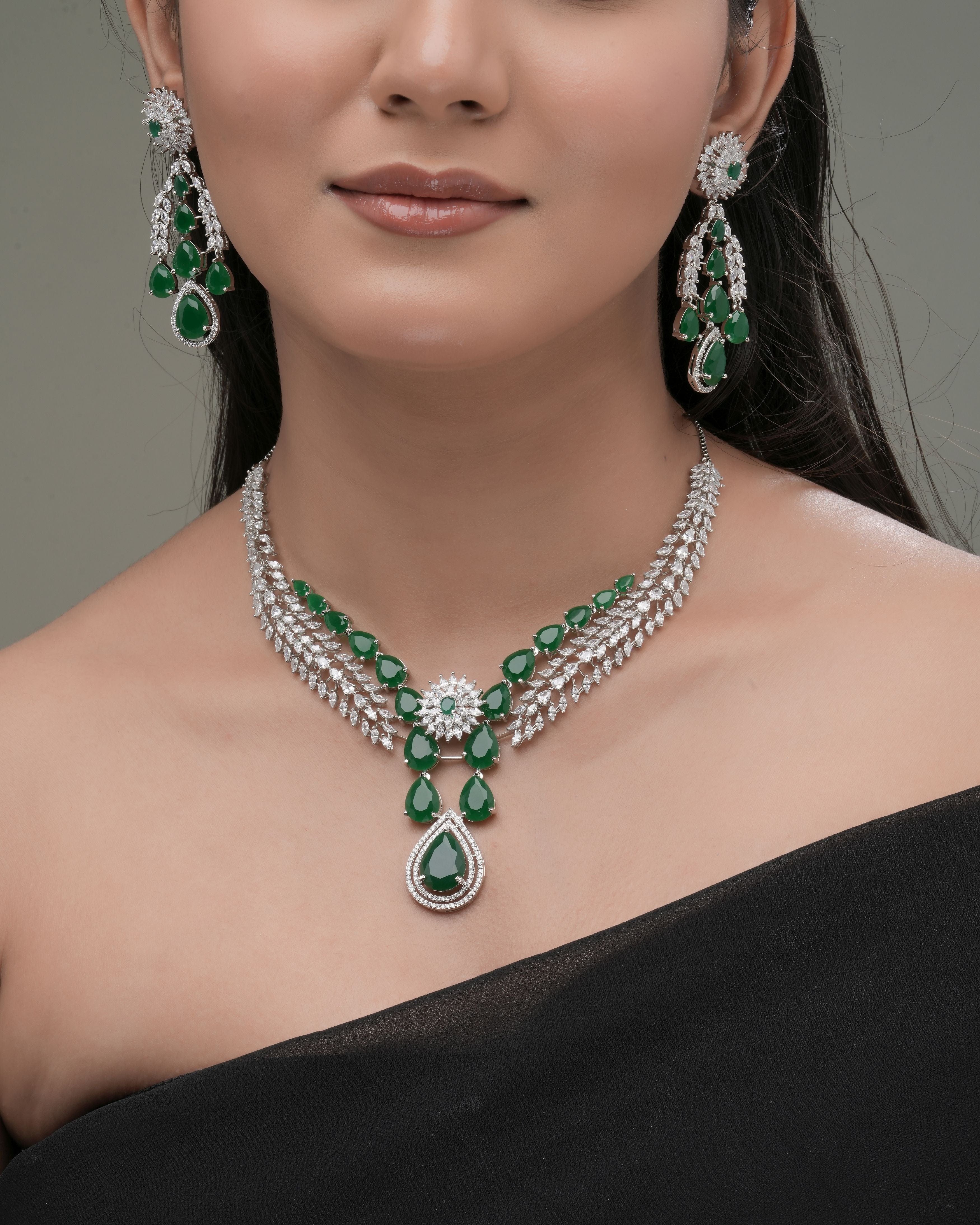 Mataari Necklaces Blush Dew Teardrop Necklace Set – Pink | Rhodium | Indian Jewelry | Mataari