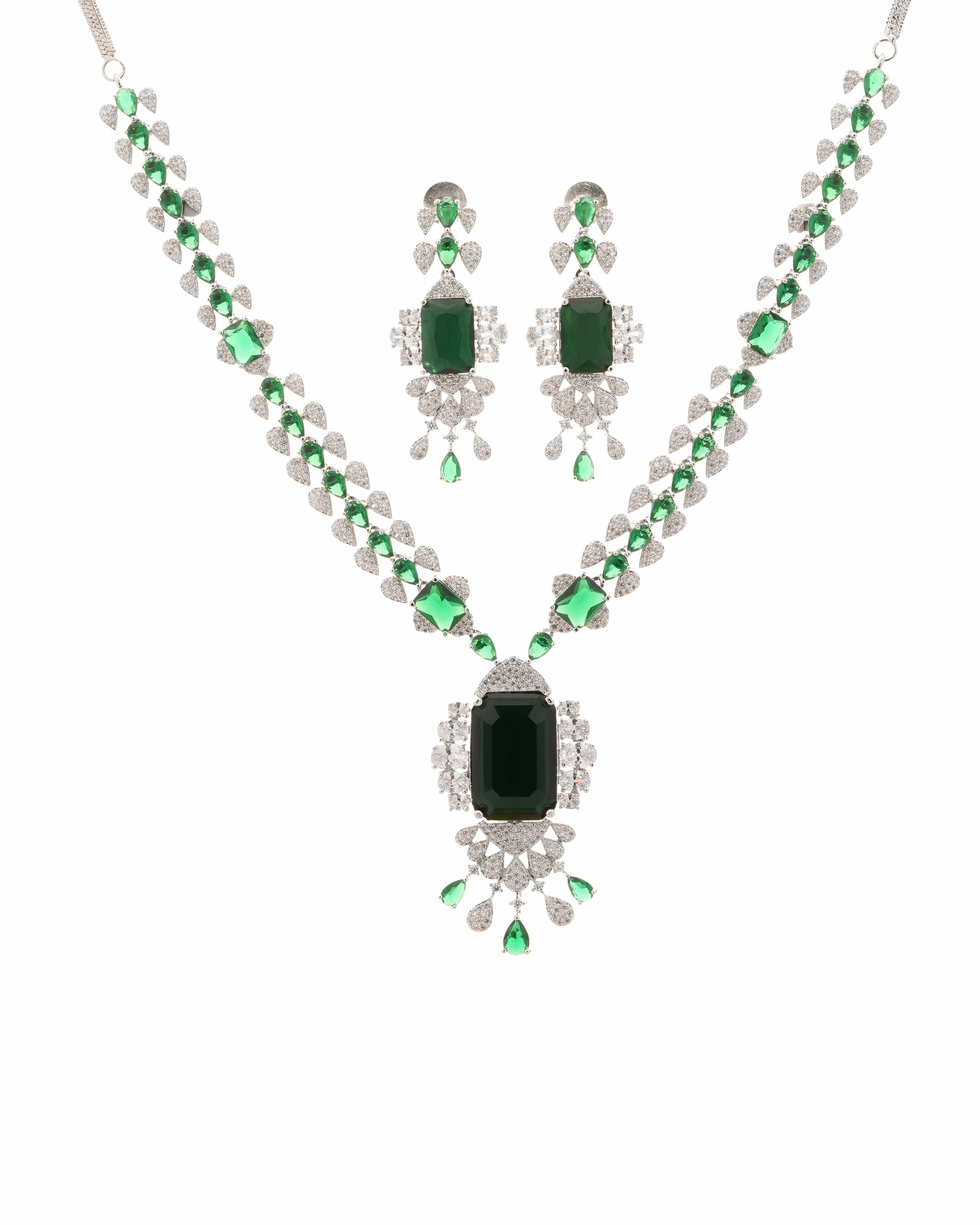 Mataari Necklaces Elegant Green Teardrop Necklace & Earrings Set | Rhodium | Indian Jewelry | Mataari