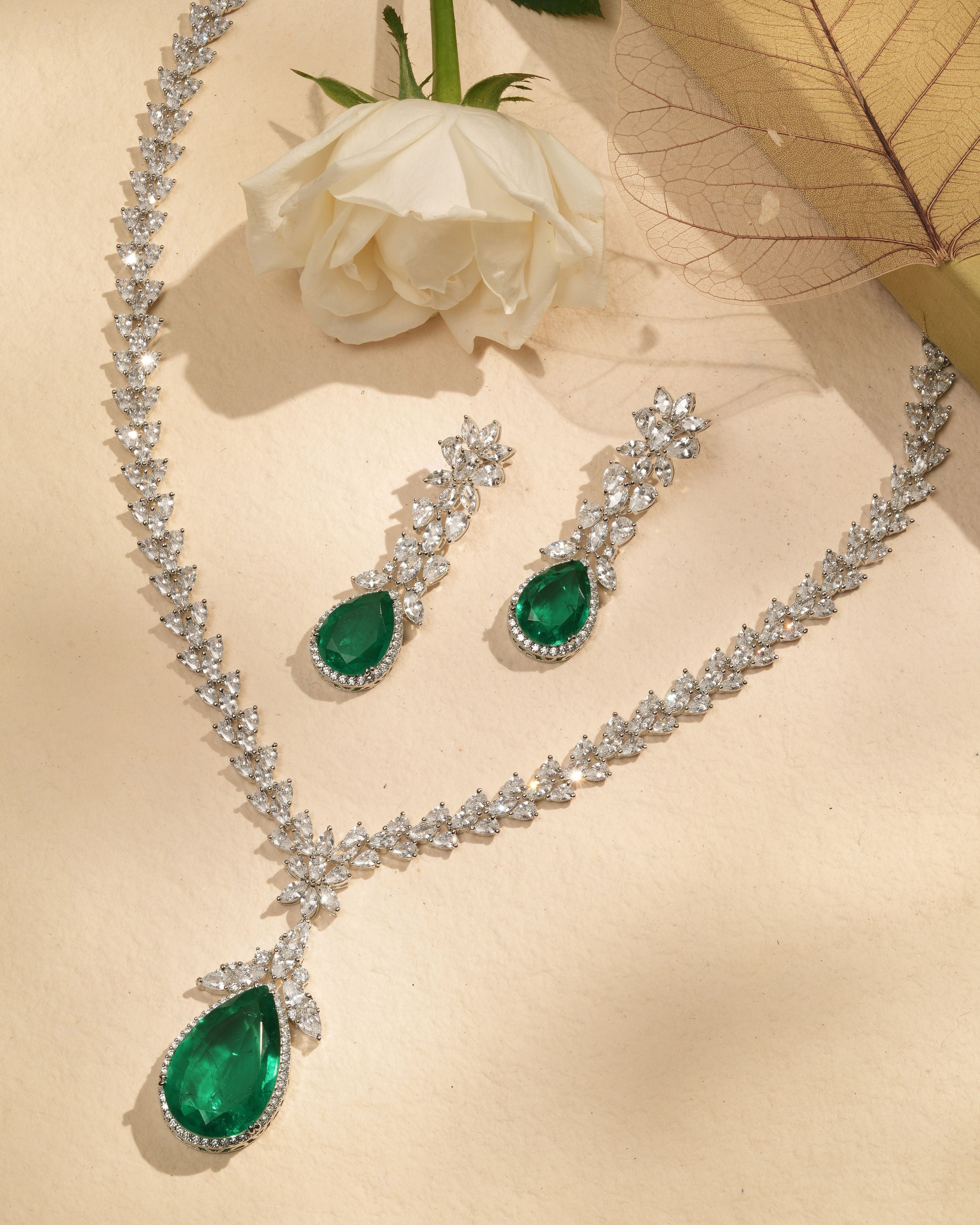 Mataari Necklaces Emeral Cascade CZ Swarovski Elements Necklace & | Rhodium | Indian Jewelry | Mataari