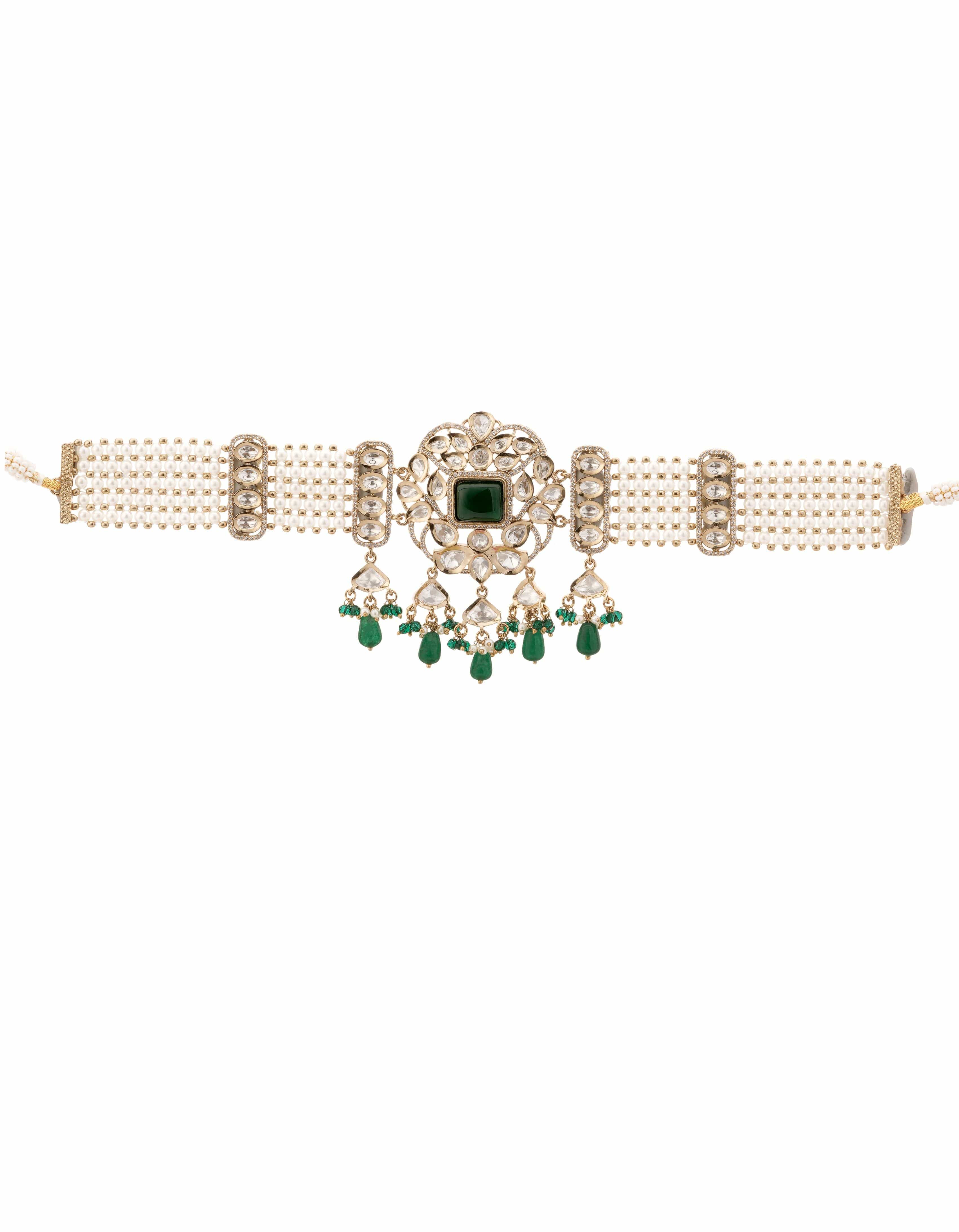 Mataari Necklaces Emerald Majesty Kundan Pearl Choker & Earring | Gold Tone | Indian Jewelry | Mataari