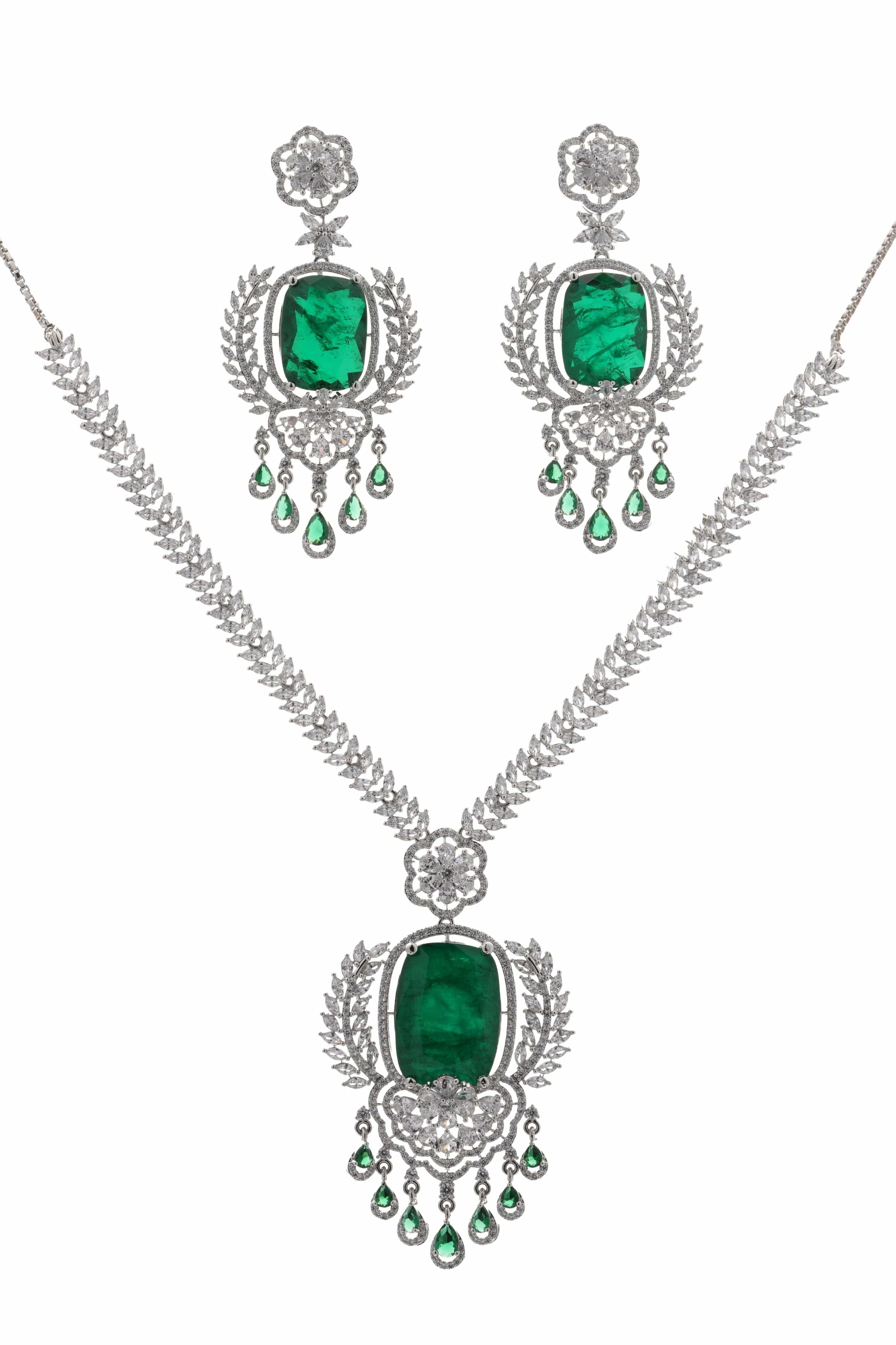 Mataari Necklaces Emerald Green Oval Pendant Necklace with Silver | Rhodium | Indian Jewelry | Mataari