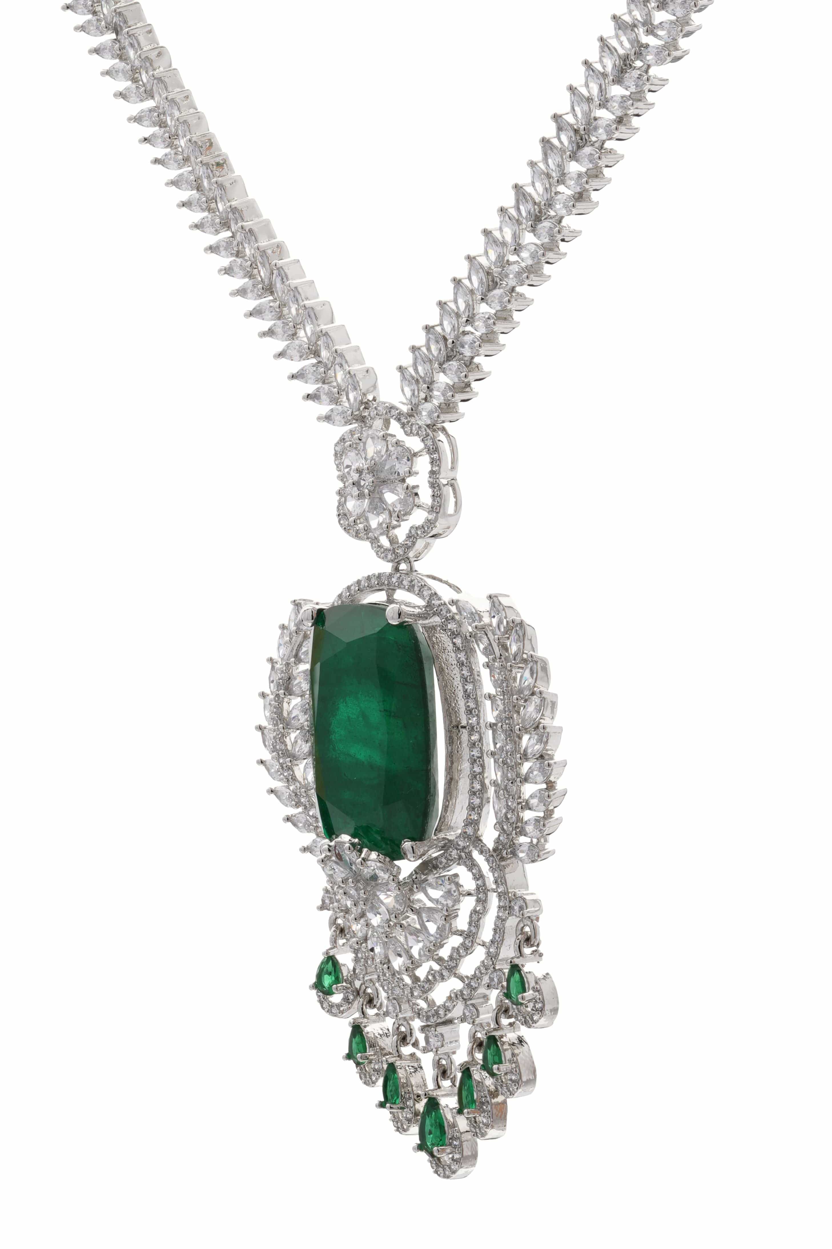 Mataari Necklaces Emerald Green Oval Pendant Necklace with Silver | Rhodium | Indian Jewelry | Mataari