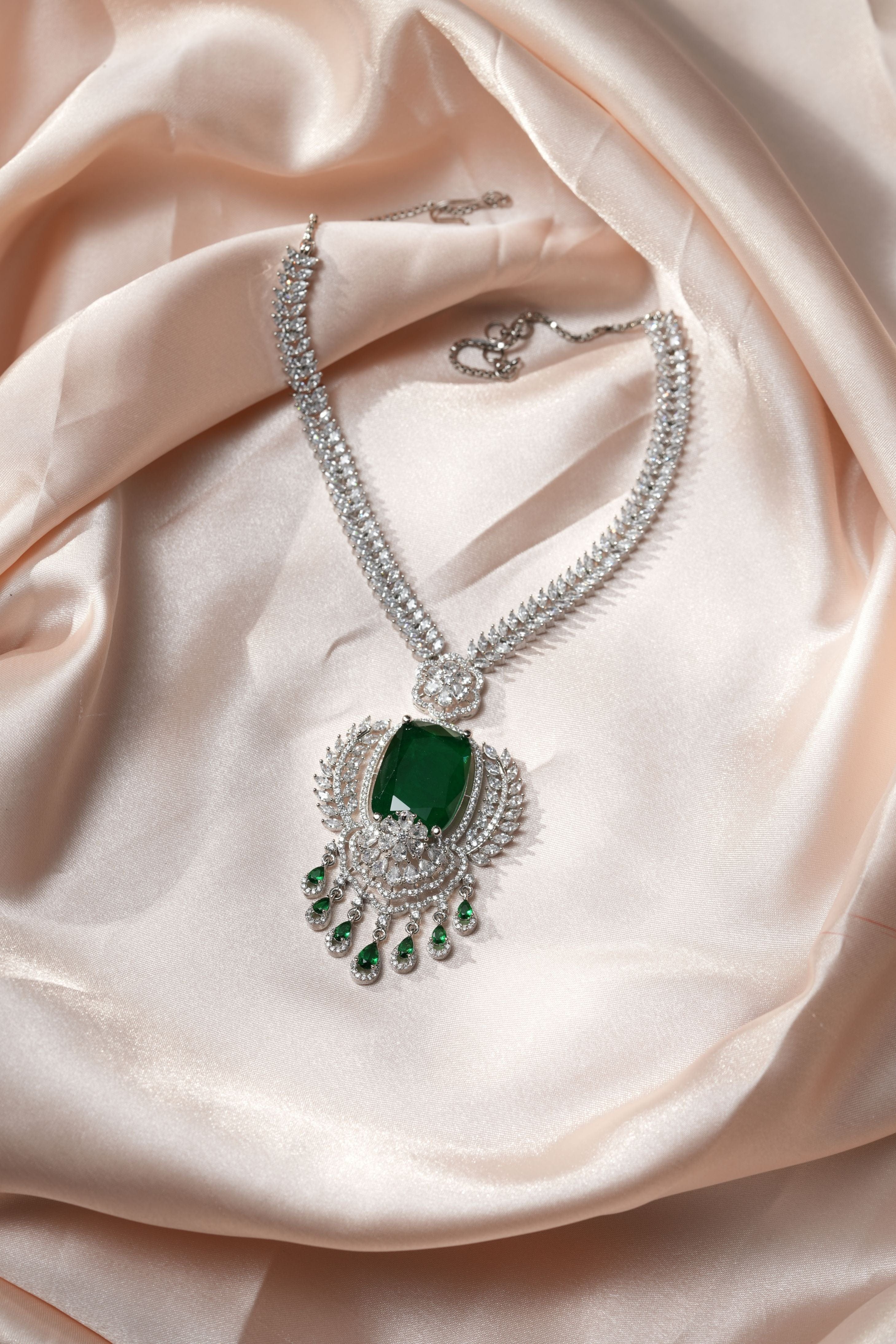 Mataari Necklaces Emerald Green Oval Pendant Necklace with Silver | Rhodium | Indian Jewelry | Mataari