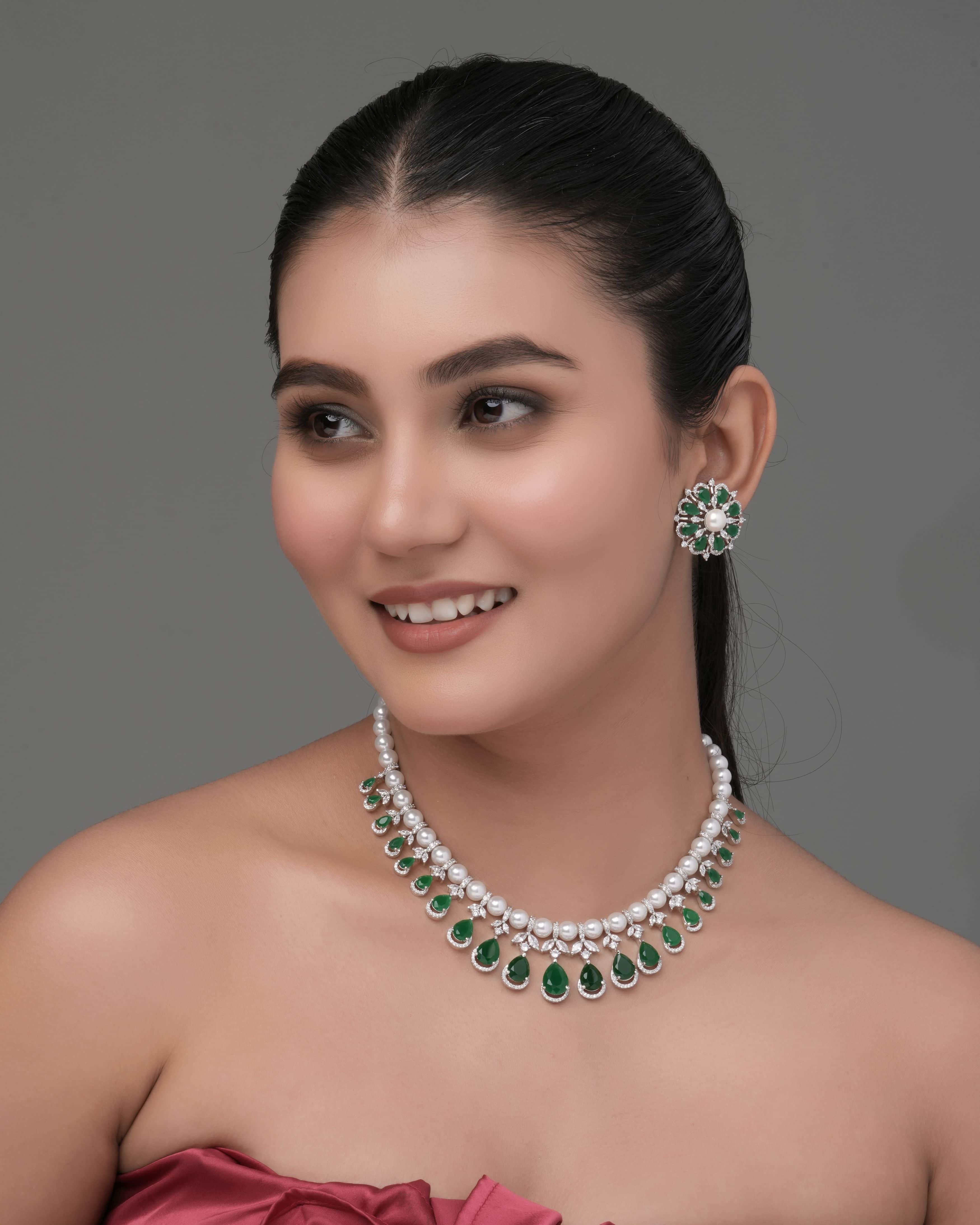Mataari Necklaces Emerald Green Pearl Glow Necklace & Earrings | CZ | Indian Jewelry | Mataari