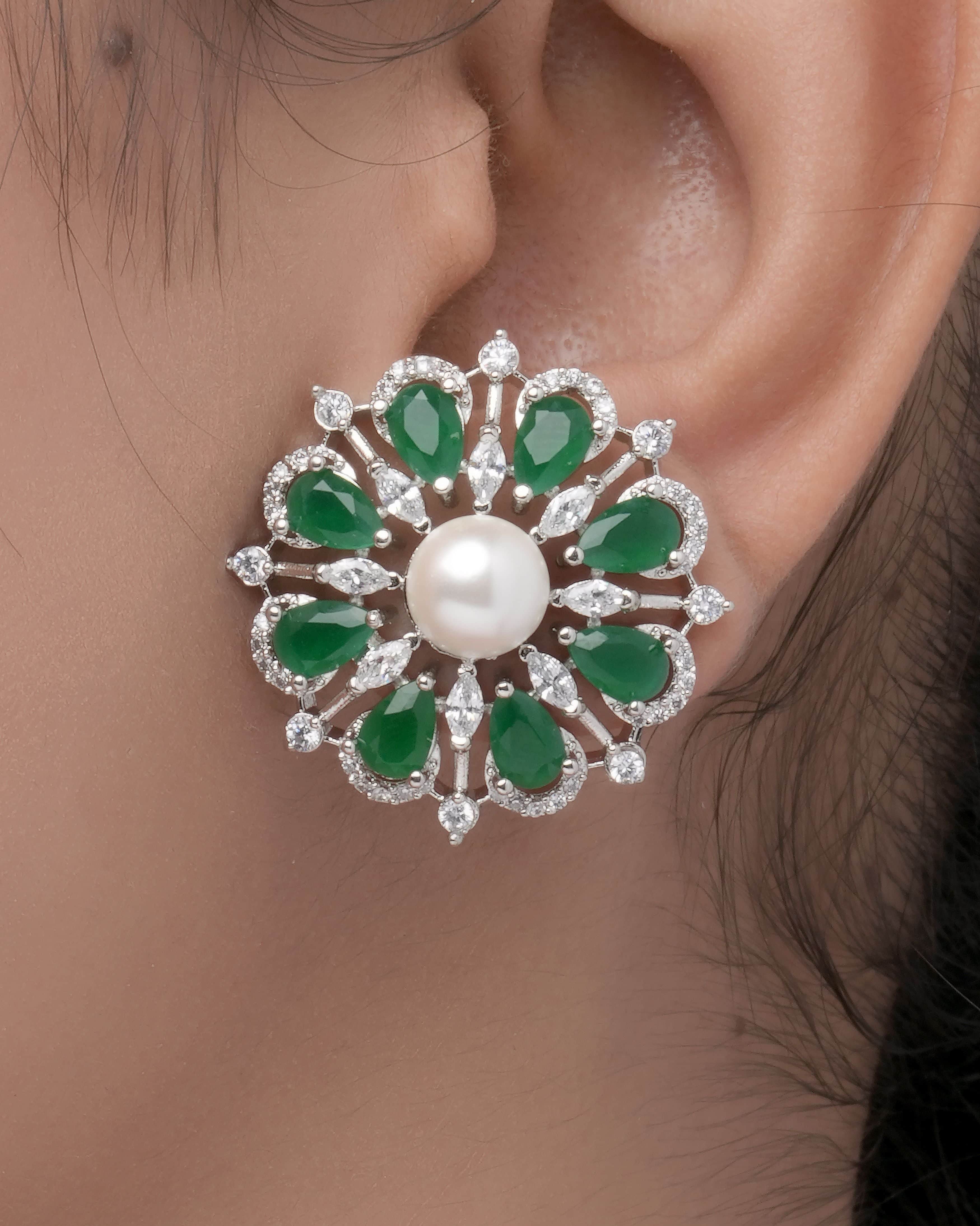 Mataari Necklaces Emerald Green Pearl Glow Necklace & Earrings | CZ | Indian Jewelry | Mataari