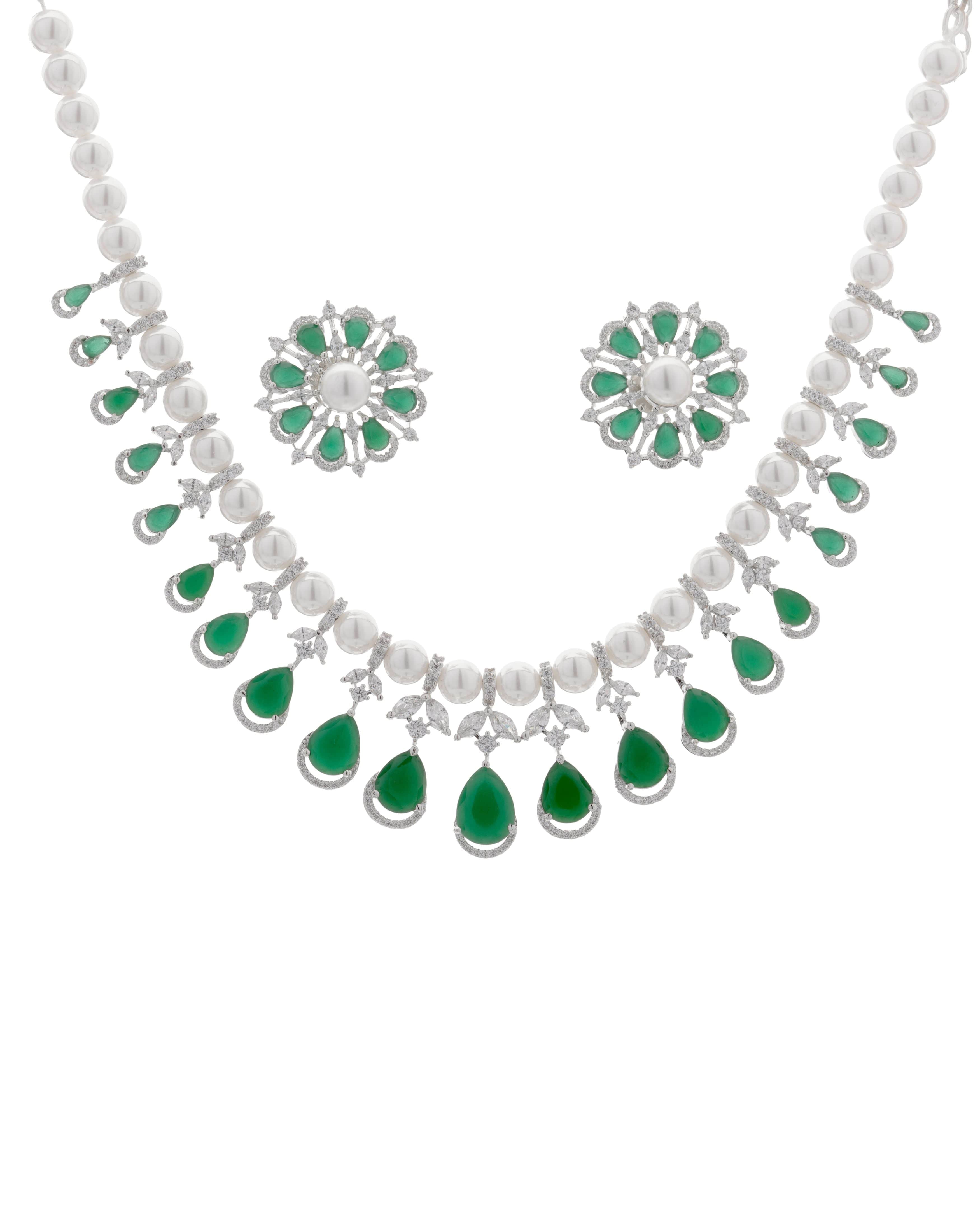 Mataari Necklaces Emerald Green Pearl Glow Necklace & Earrings | CZ | Indian Jewelry | Mataari