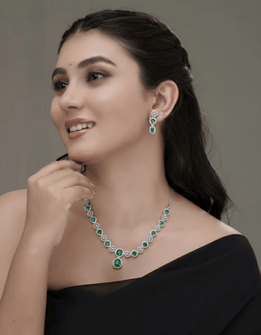 Mataari Necklaces Ruby Floral Halo Necklace & Earring Set | Rhodium | Indian Jewelry | Mataari