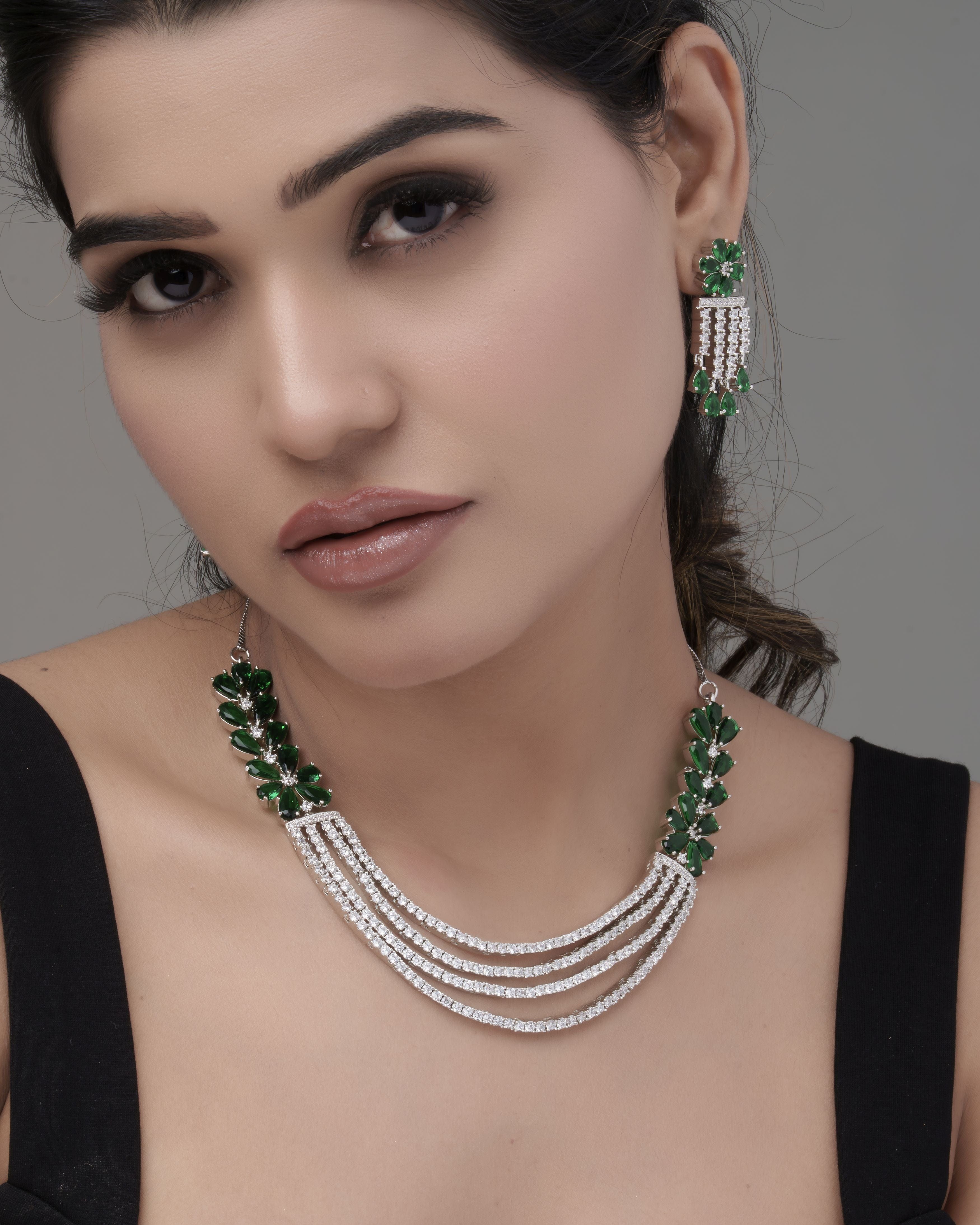 Mataari Necklaces Ruby Regal Quad CZ Blossom Choker Necklace | Rhodium | Indian Jewelry | Mataari
