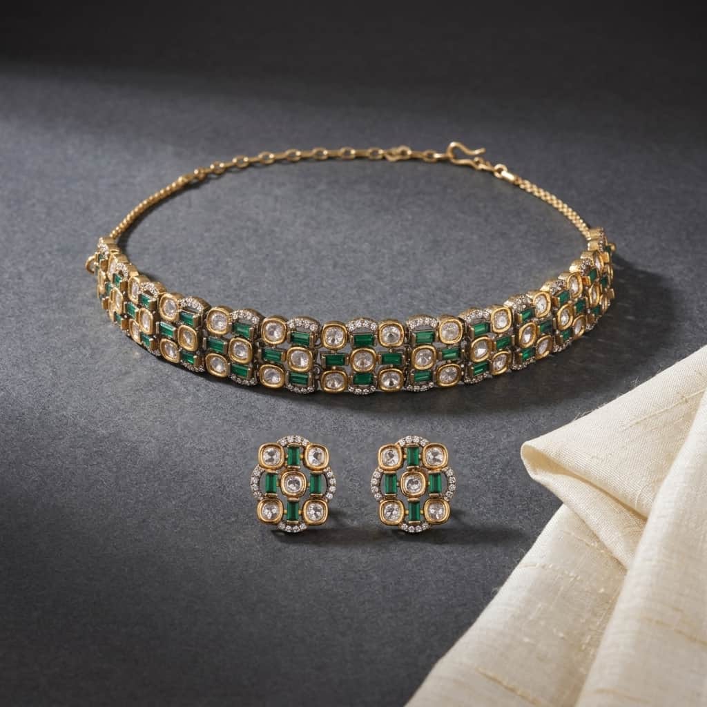 Mataari Necklaces Kundan Polki Wedding Gold Plated Choker Necklace with Stud Earrings