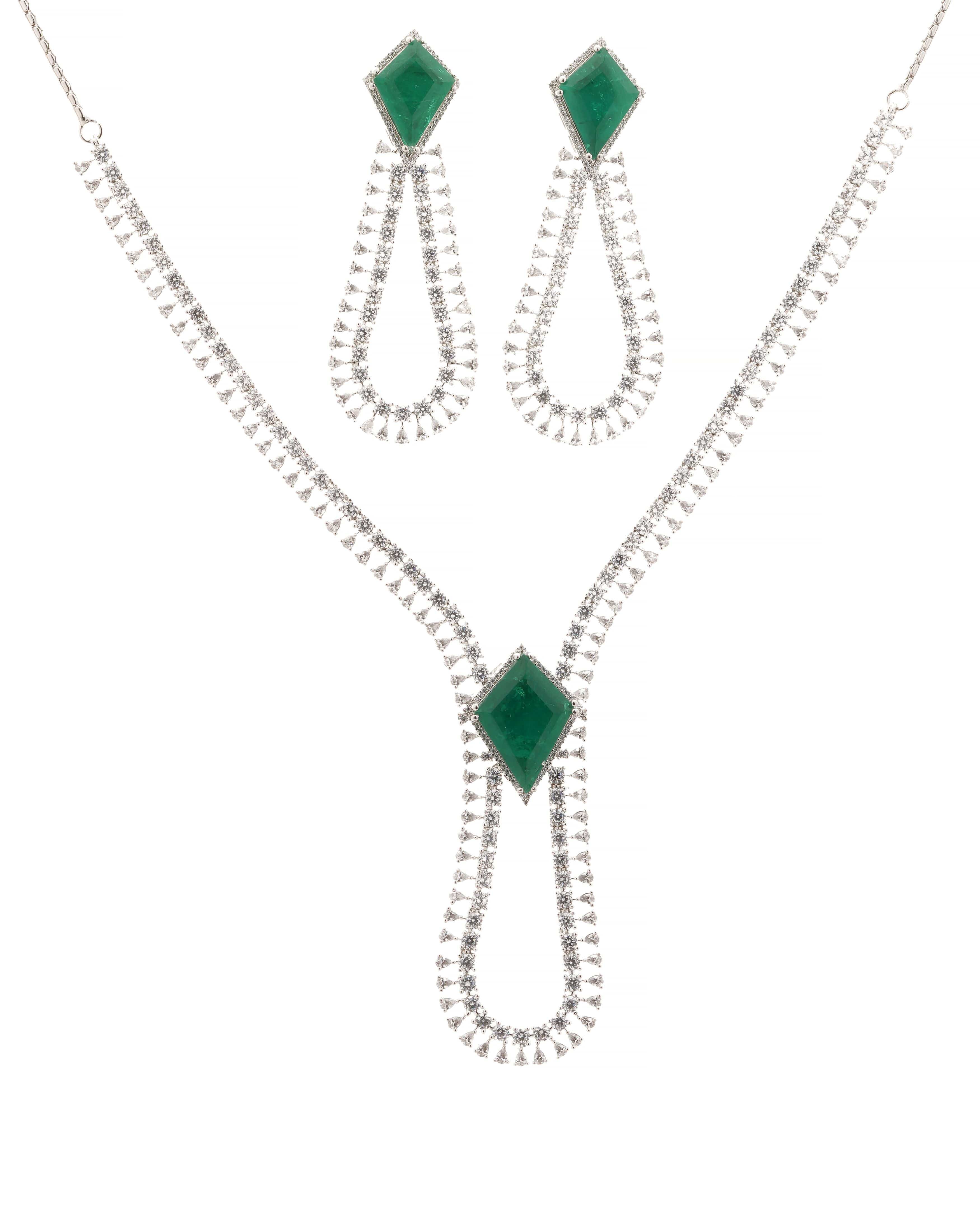 Mataari Necklaces Emerald Luxe Pave CZ ( Swarovski Elements) | Rhodium | Indian Jewelry | Mataari