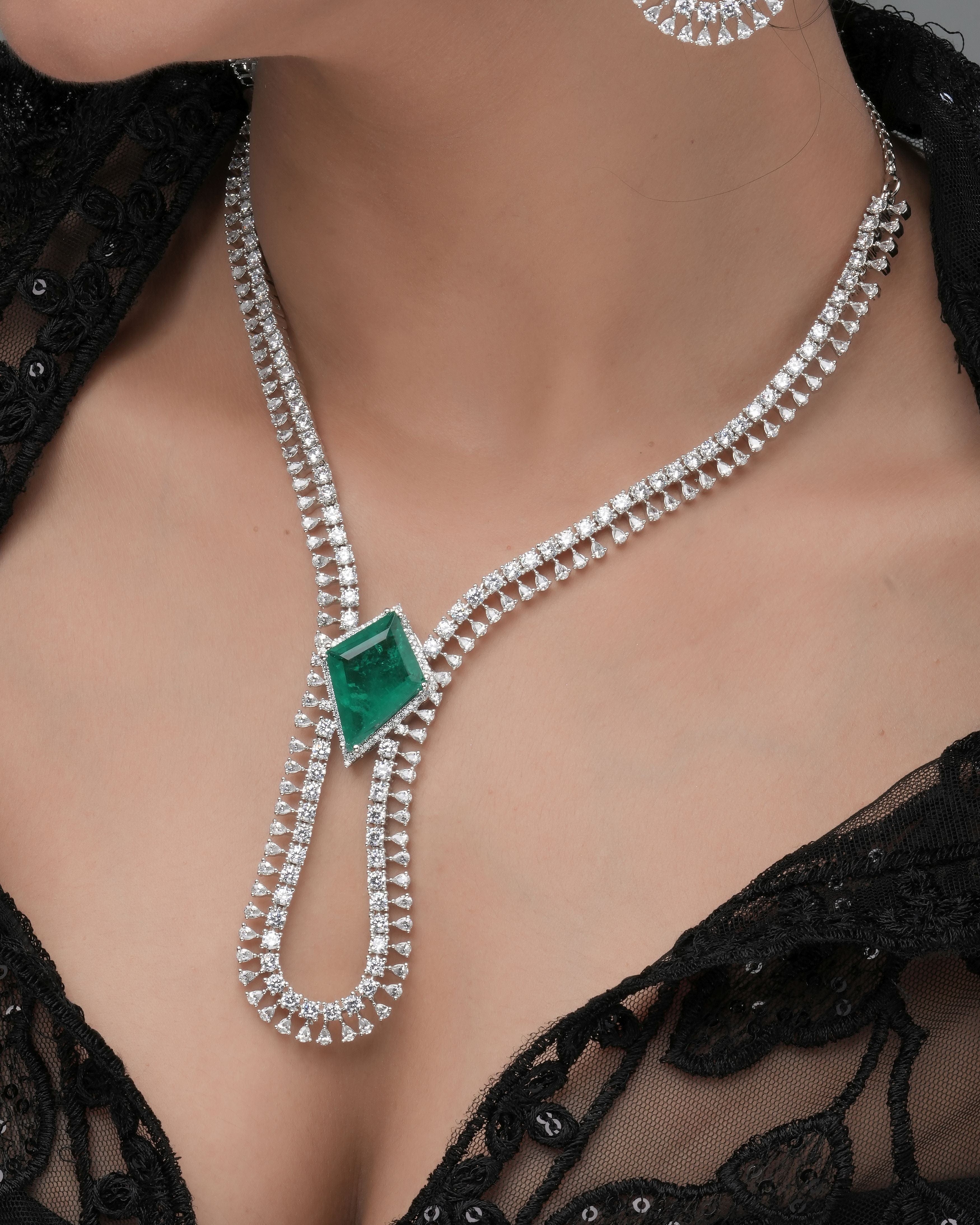 Mataari Necklaces Emerald Luxe Pave CZ ( Swarovski Elements) | Rhodium | Indian Jewelry | Mataari