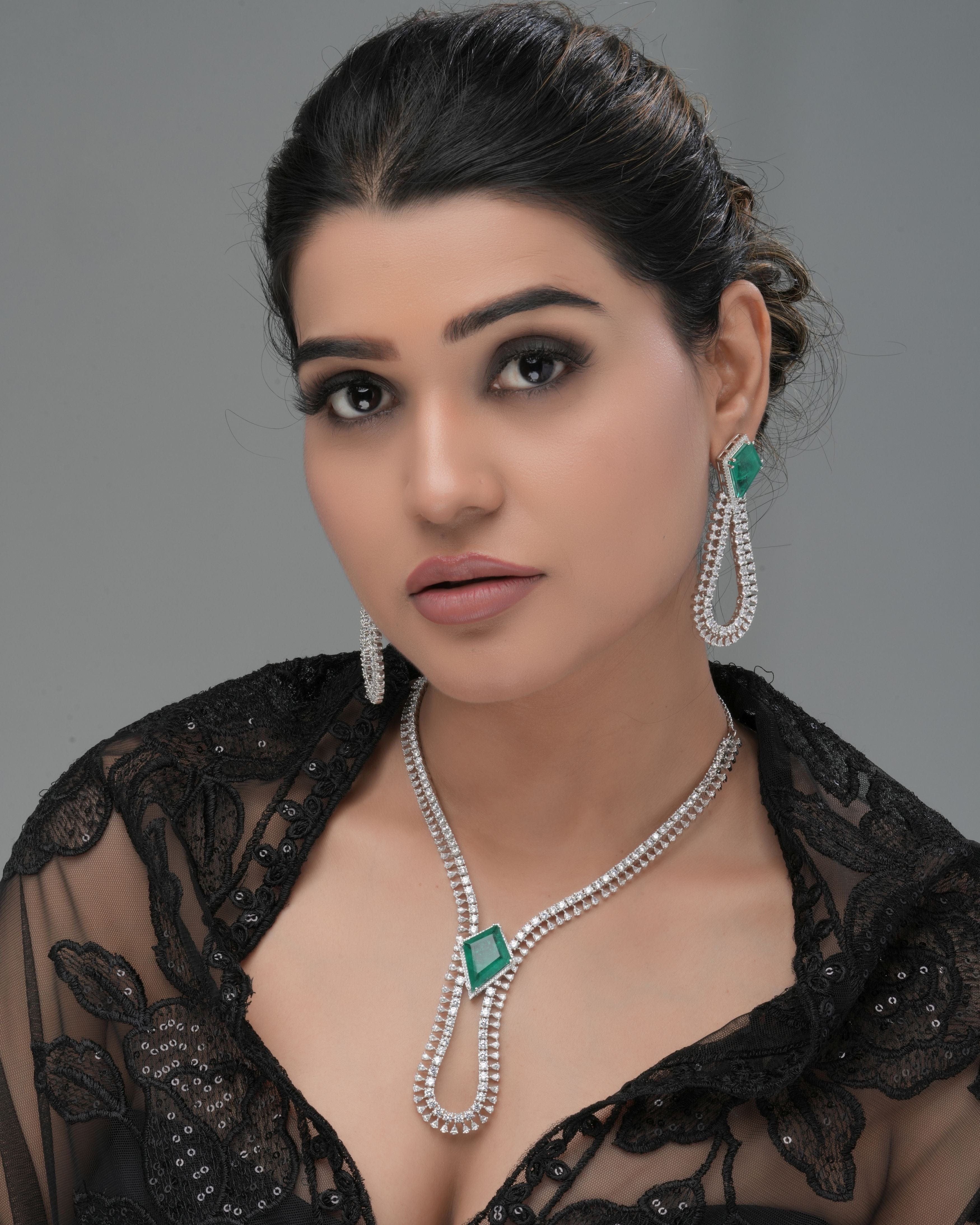 Mataari Necklaces Emerald Luxe Pave CZ ( Swarovski Elements) | Rhodium | Indian Jewelry | Mataari