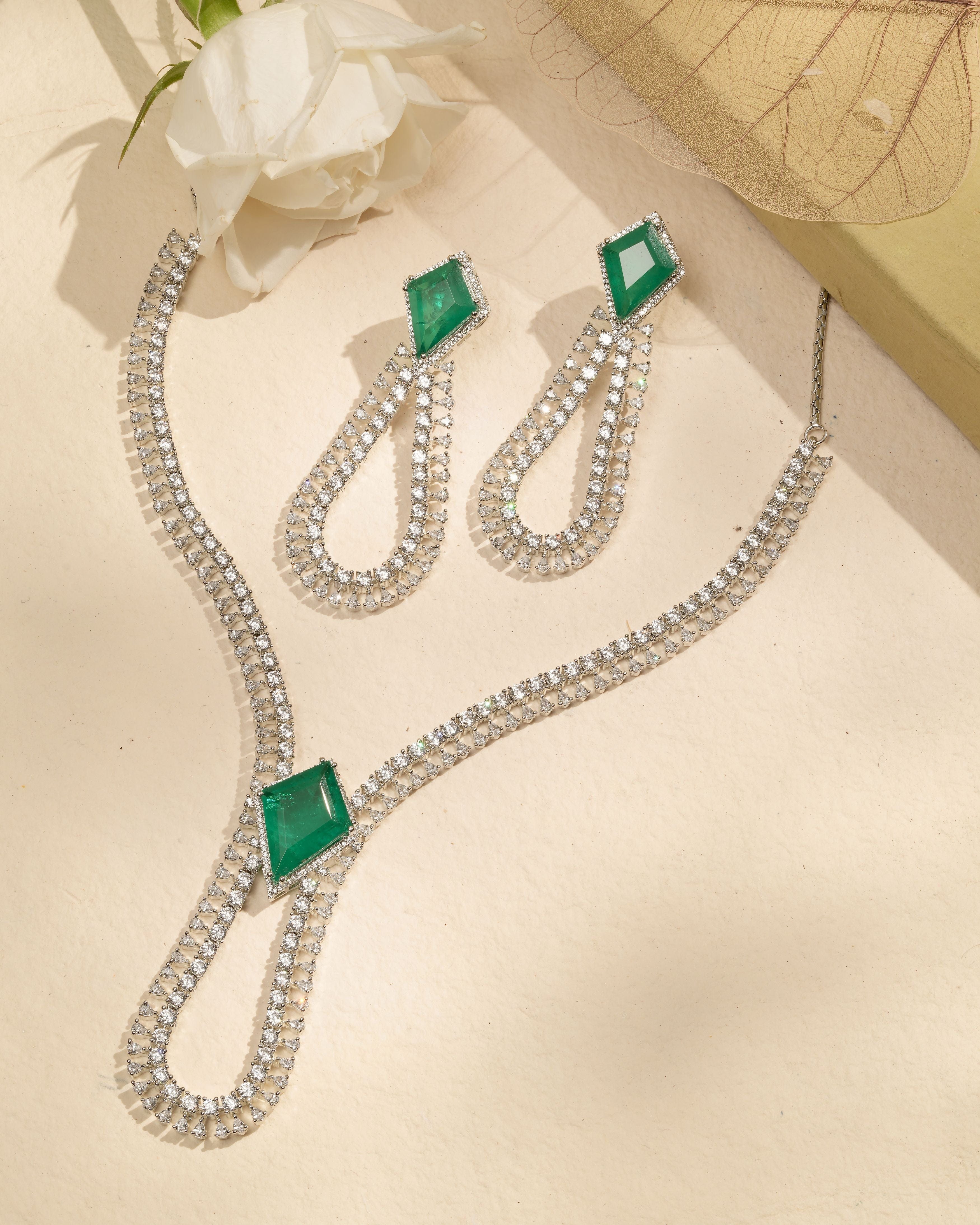 Mataari Necklaces Emerald Luxe Pave CZ ( Swarovski Elements) | Rhodium | Indian Jewelry | Mataari