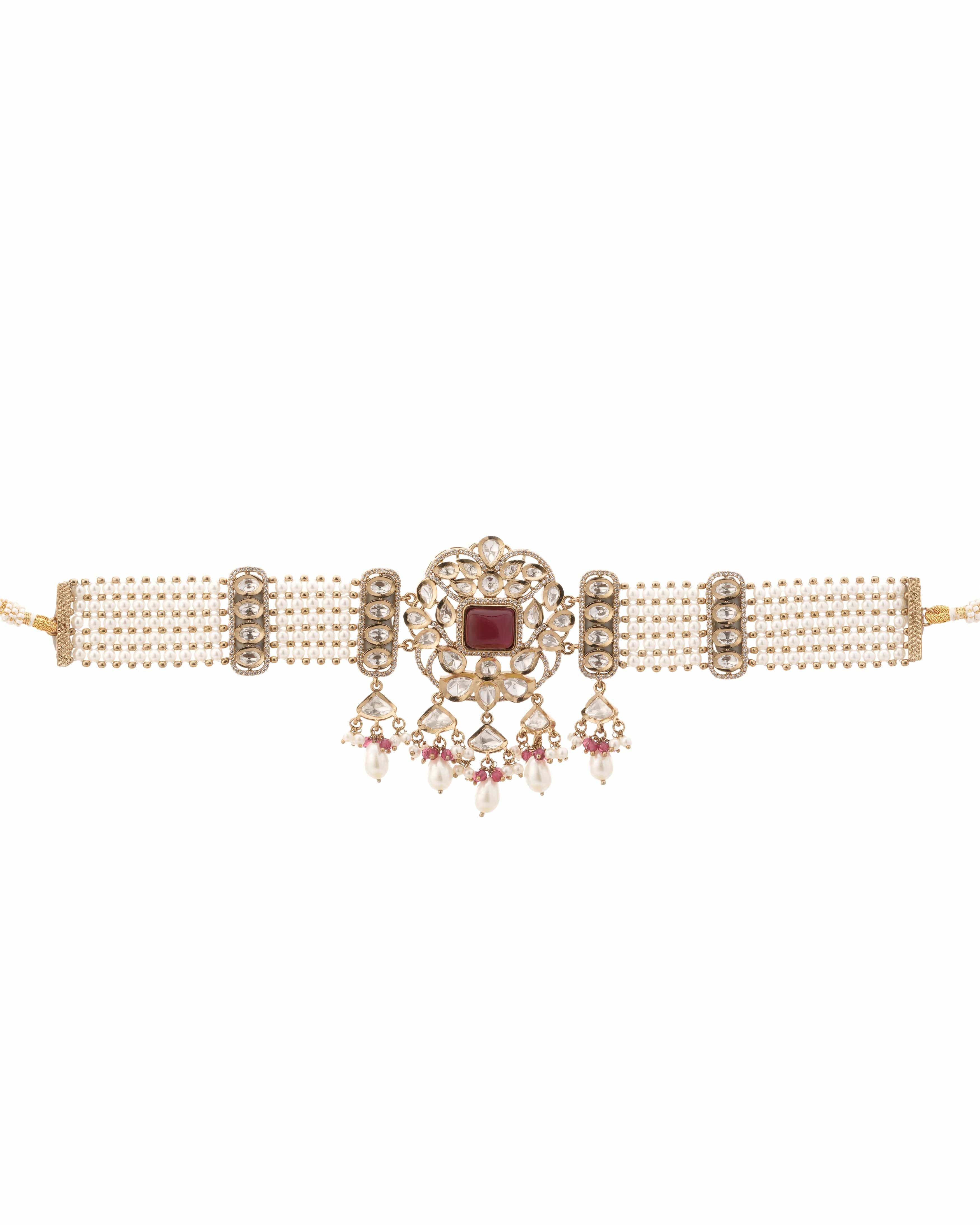 Mataari Necklaces Emerald Majesty Kundan Pearl Choker & Earring | Gold Tone | Indian Jewelry | Mataari