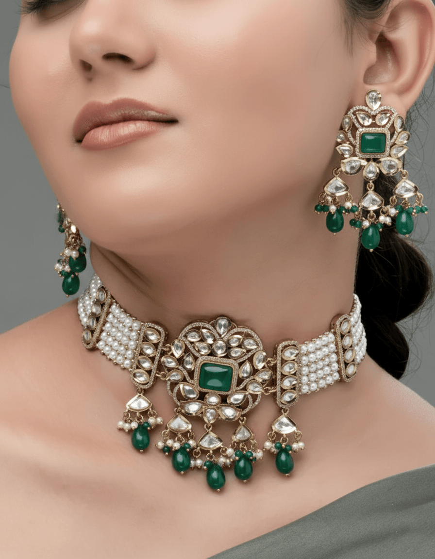 Mataari Necklaces Emerald Majesty Kundan Pearl Choker & Earring | Gold Tone | Indian Jewelry | Mataari
