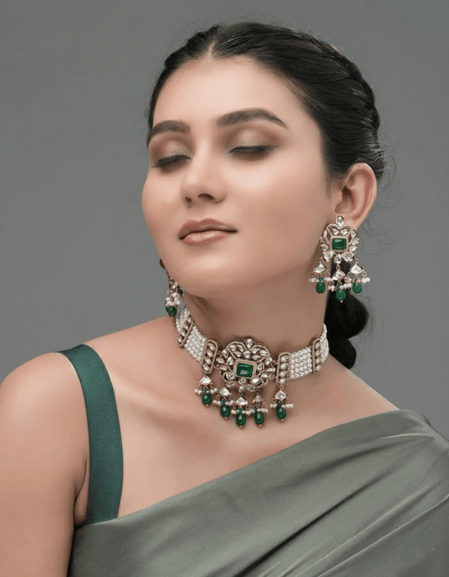Mataari Necklaces Emerald Majesty Kundan Pearl Choker & Earring | Gold Tone | Indian Jewelry | Mataari