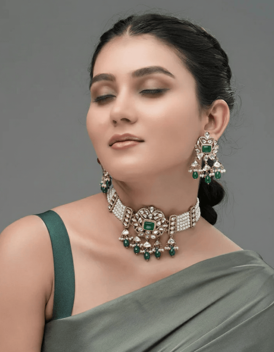 Mataari Necklaces Emerald Majesty Kundan Pearl Choker & Earring | Gold Tone | Indian Jewelry | Mataari