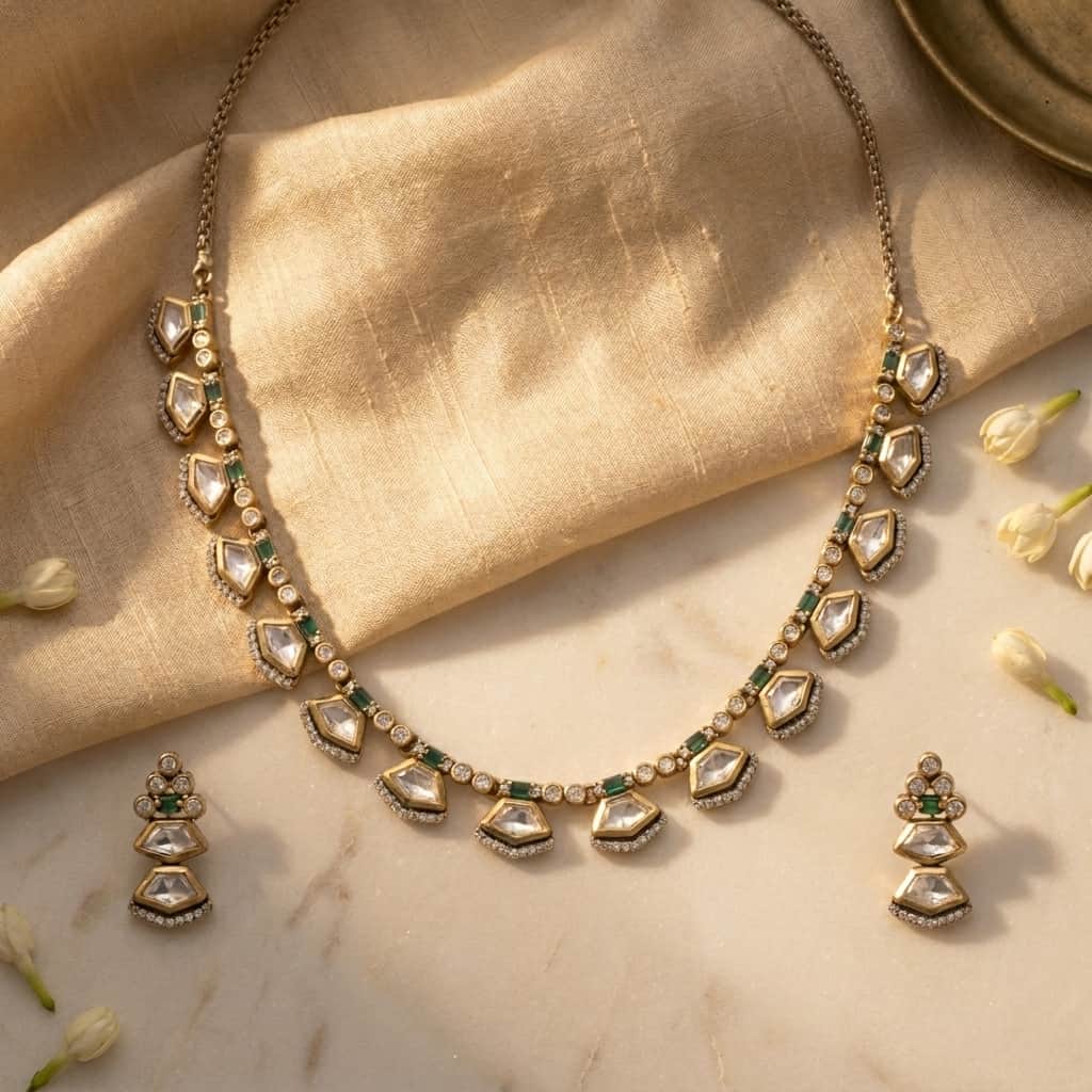 Mataari Necklaces Minimalist Single Line Kundan Polki Moissanite Necklace with Ruby & Emerald