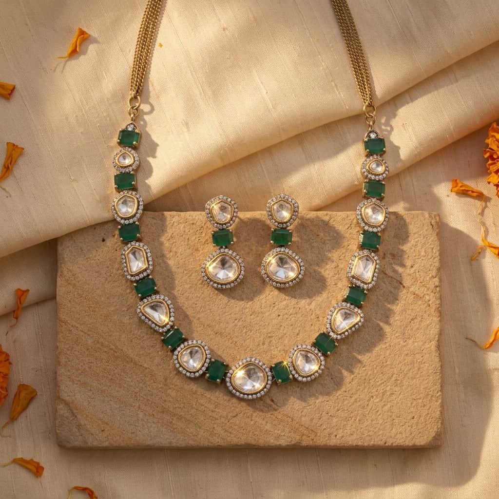 Mataari Necklaces Moissanite Kundan Polki Wedding Bridal Necklace with Drop Earrings