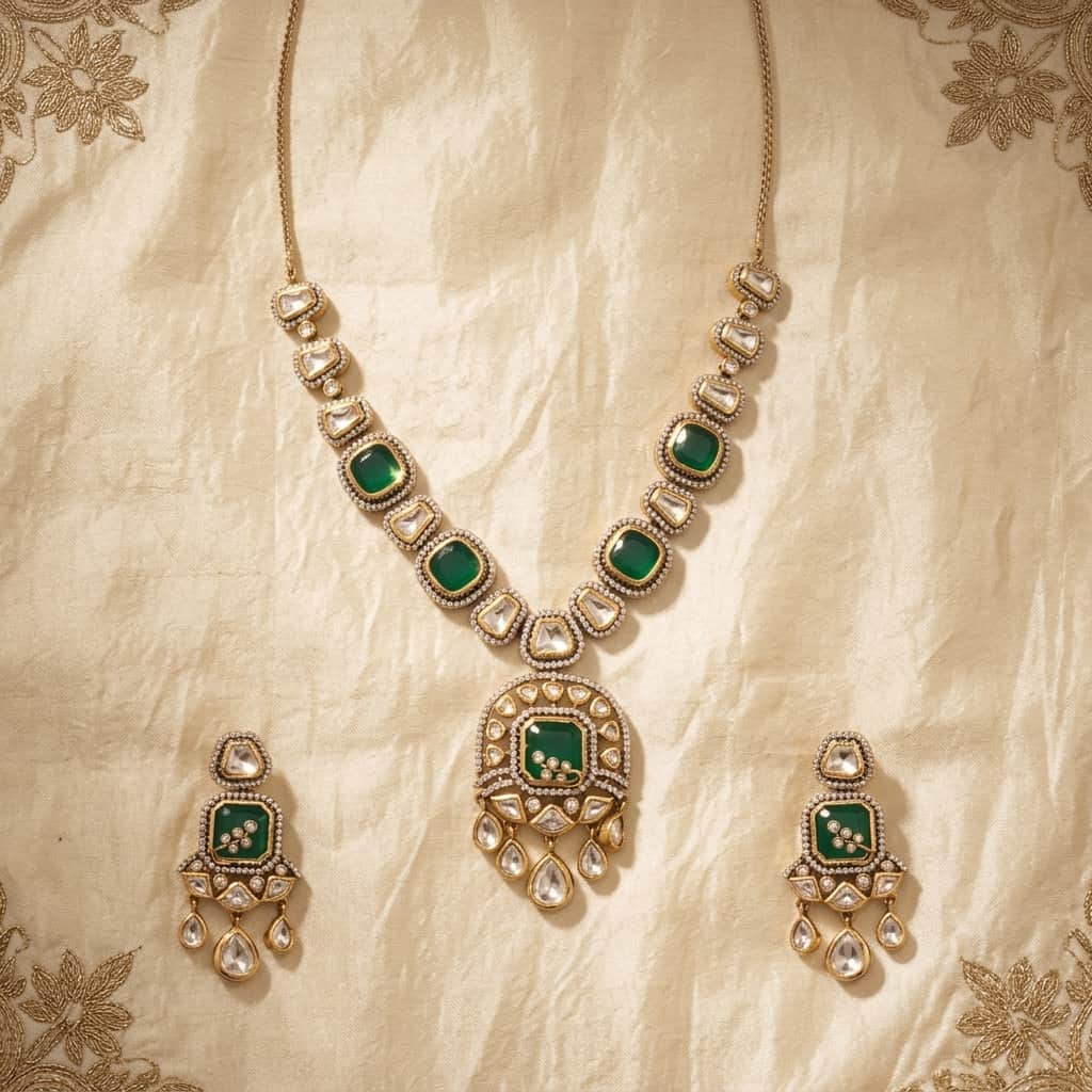 Mataari Necklaces Polki Kundan Gold Plated Moissanite Wedding Necklace with Ruby & Emerald