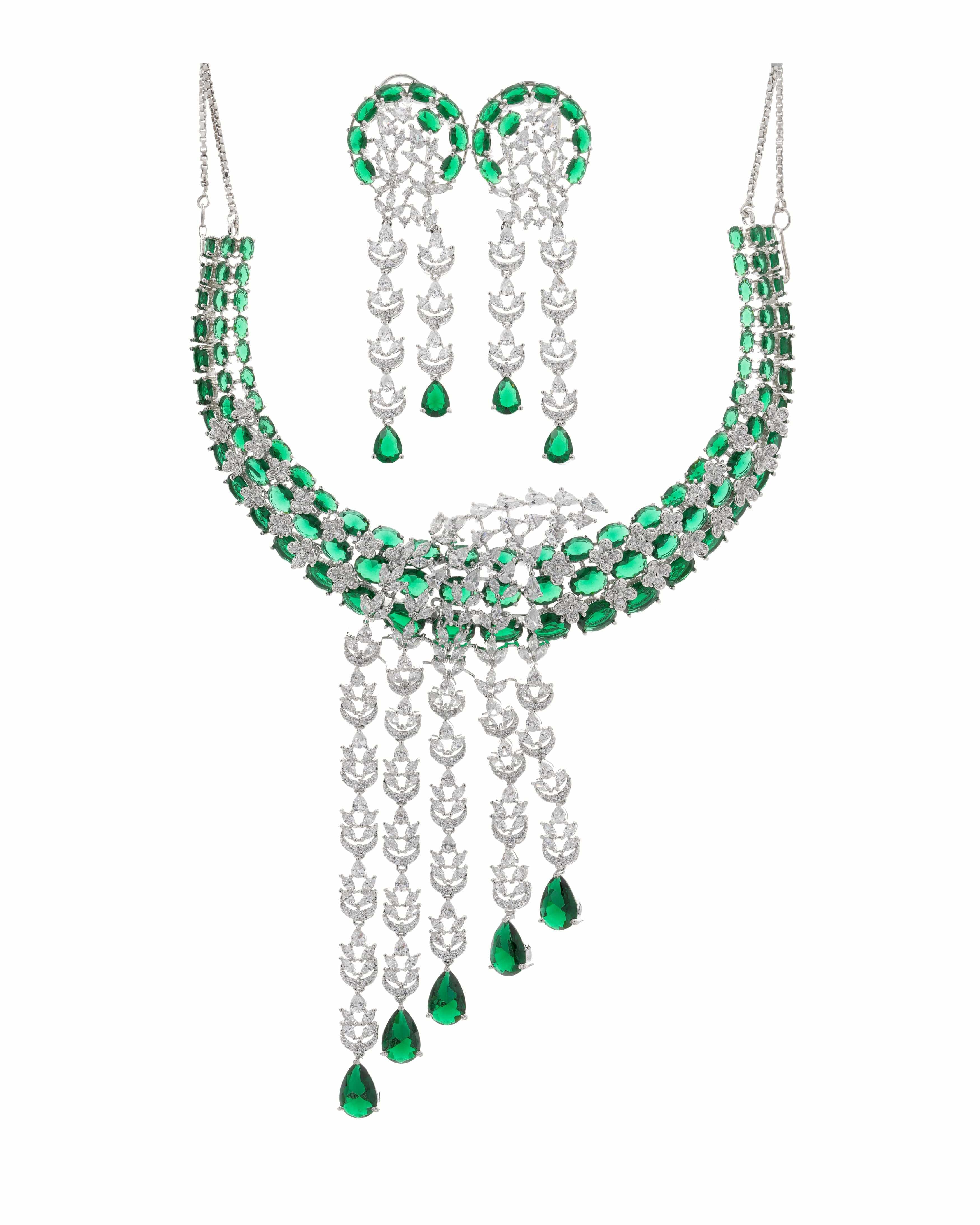 Mataari Necklaces Emerald Radiance Luxury Statement Necklace | Rhodium | Indian Jewelry | Mataari