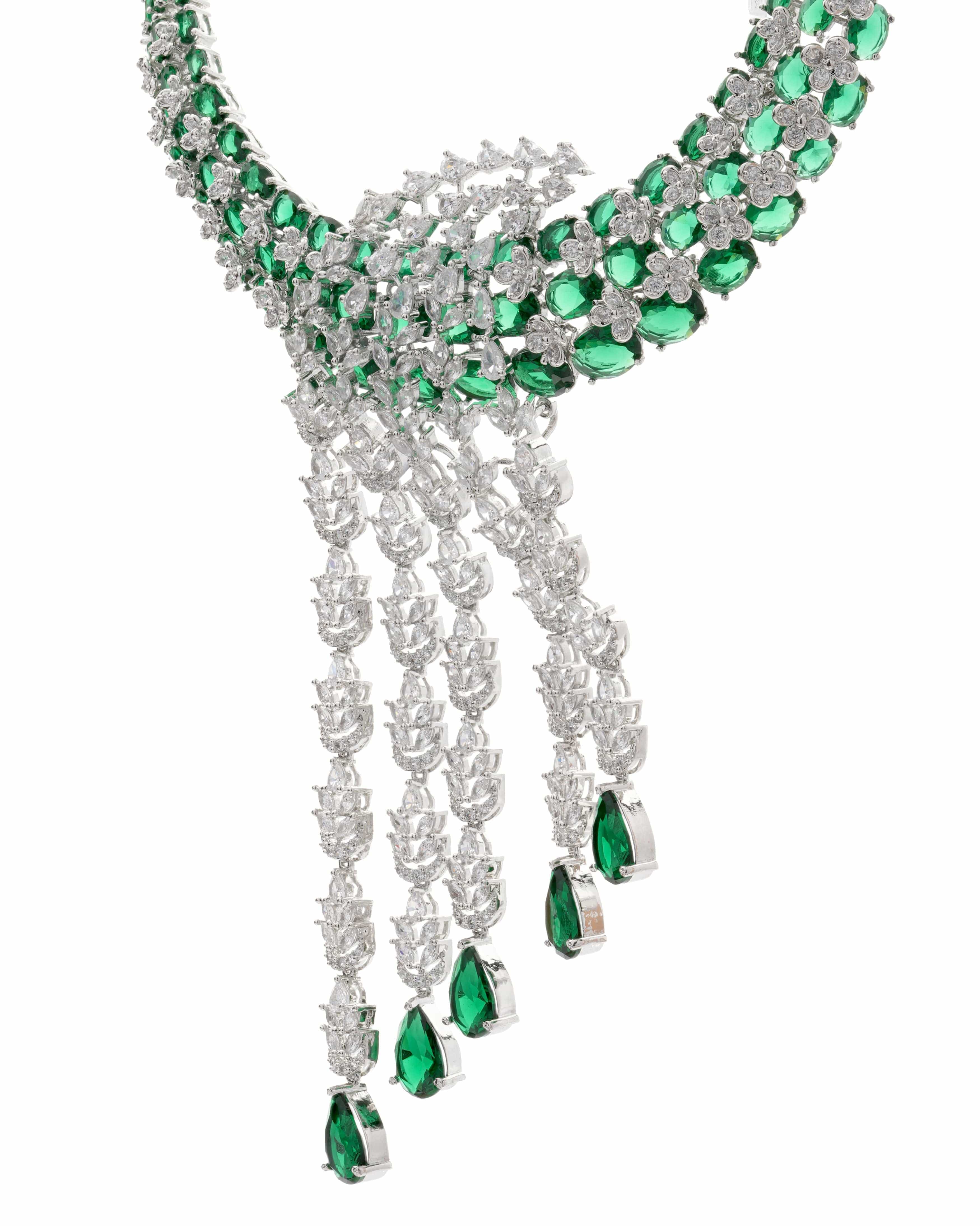 Mataari Necklaces Emerald Radiance Luxury Statement Necklace | Rhodium | Indian Jewelry | Mataari